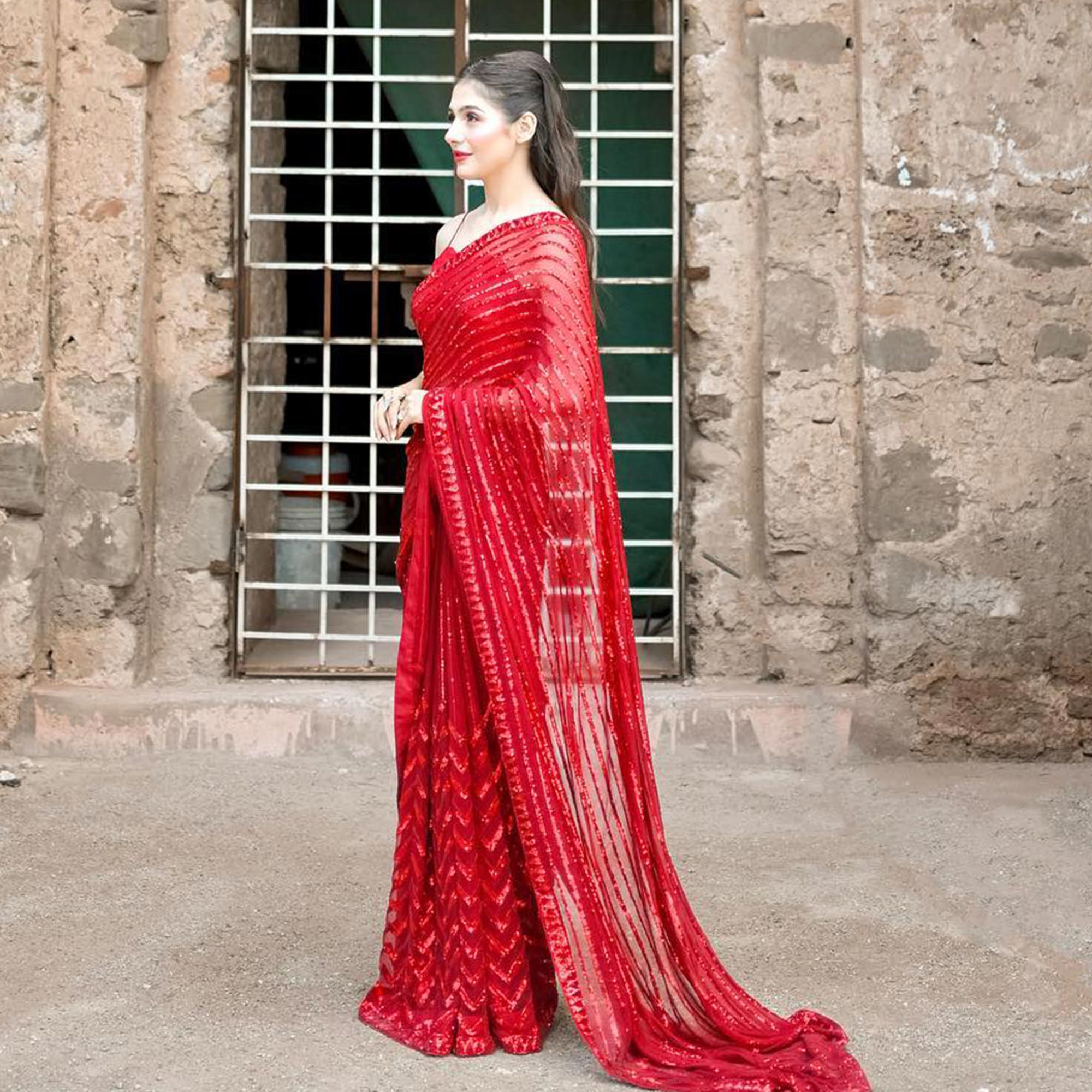 Red Sequins Embroidered Georgette Saree