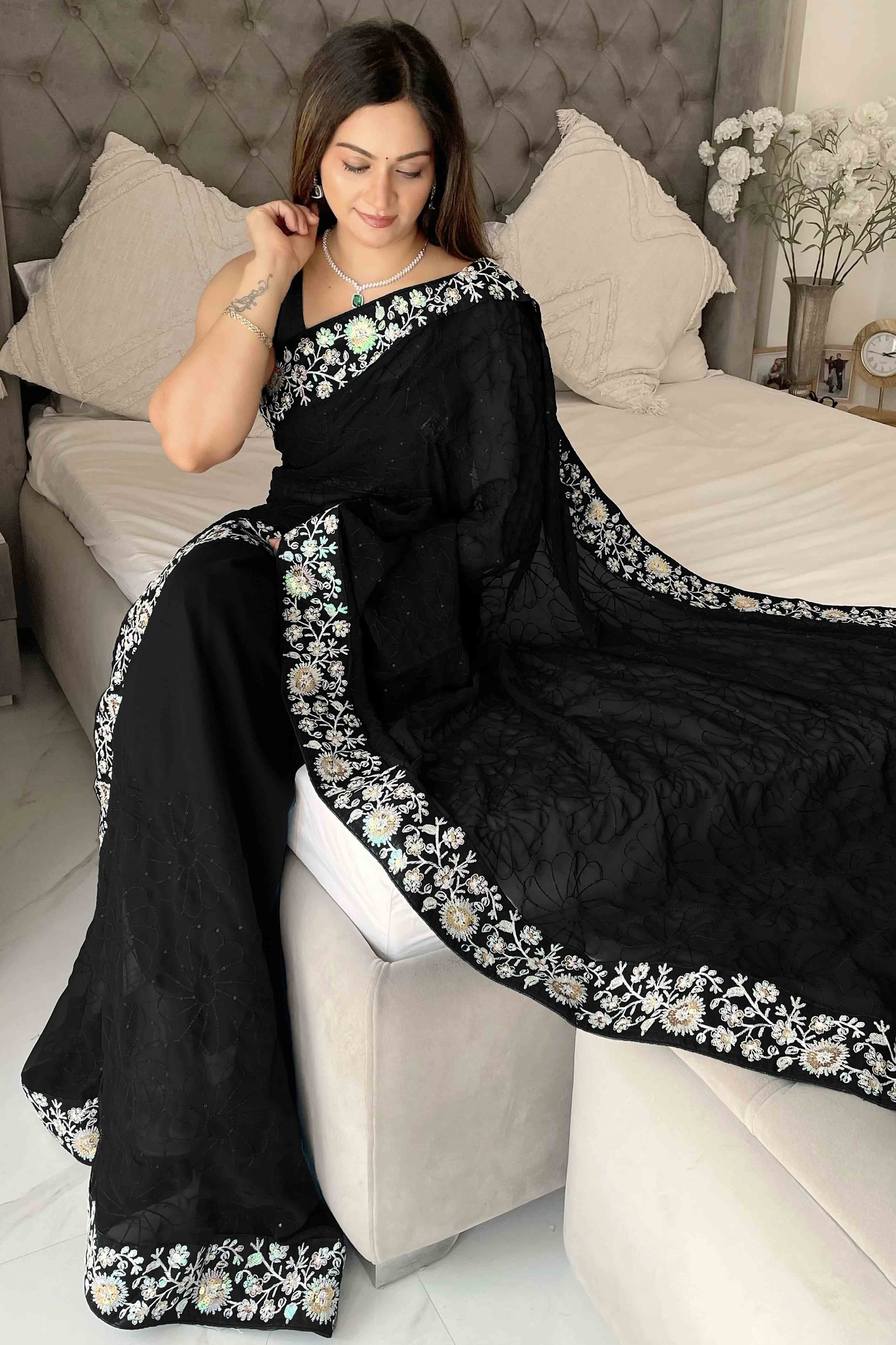 Black Georgette Saree Featuring Fine Sequin Embroidery for a Glam Look