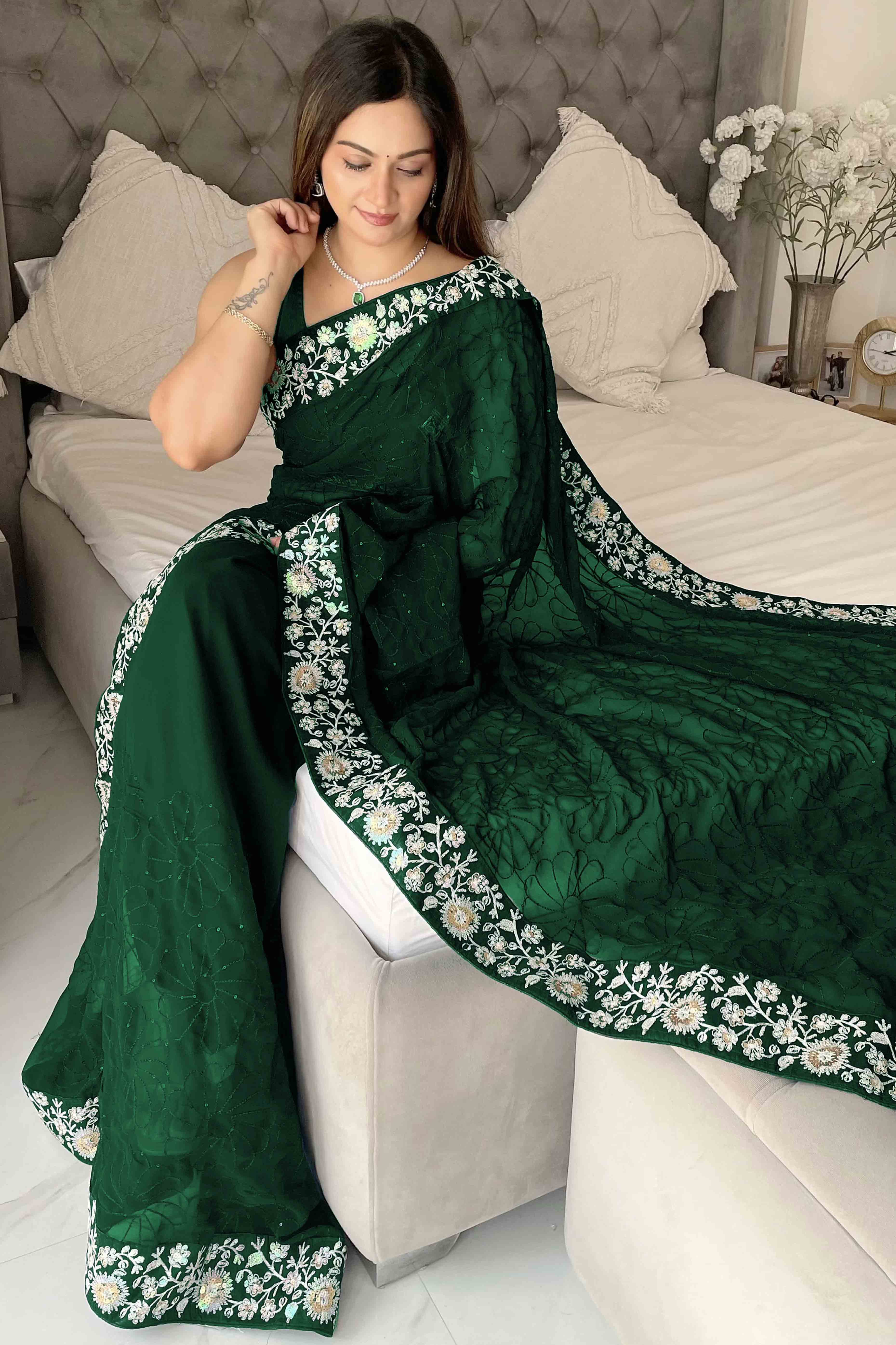 Green Georgette Saree Featuring Fine Sequin Embroidery for a Glam Look
