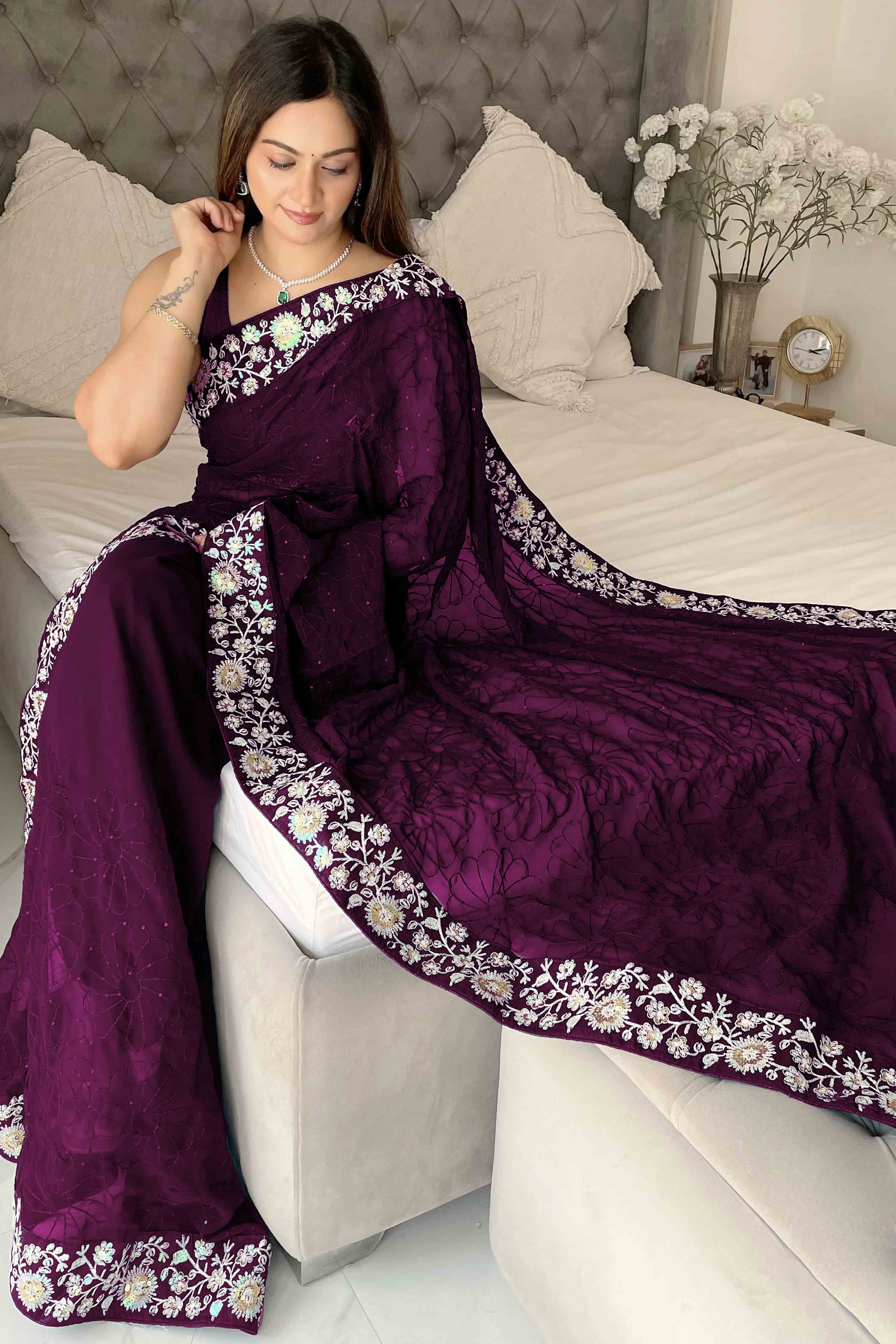 Purple Georgette Saree Featuring Fine Sequin Embroidery for a Glam Look