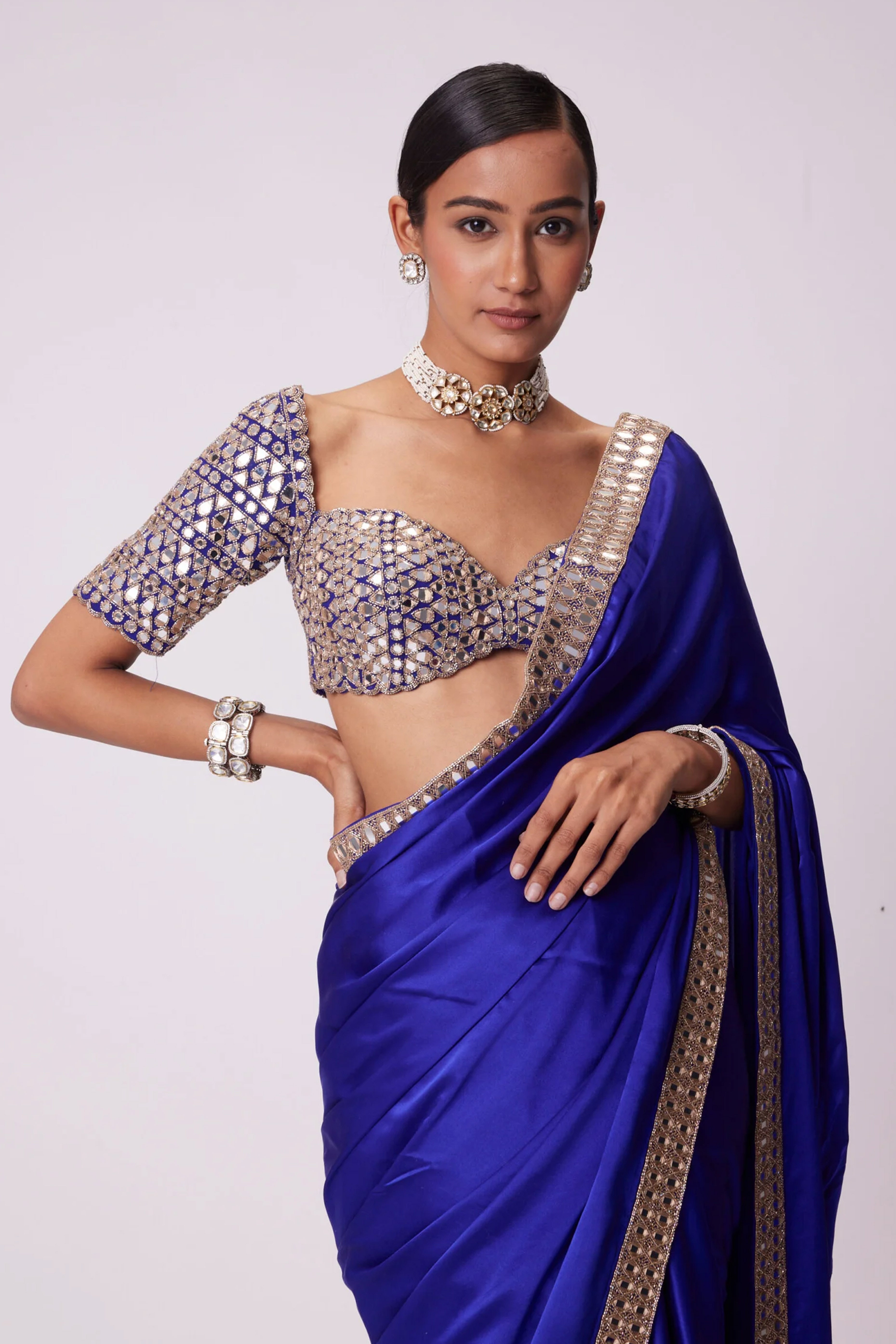 Royal Blue Japan Satin Saree with Sparkling Mirror Embellishments