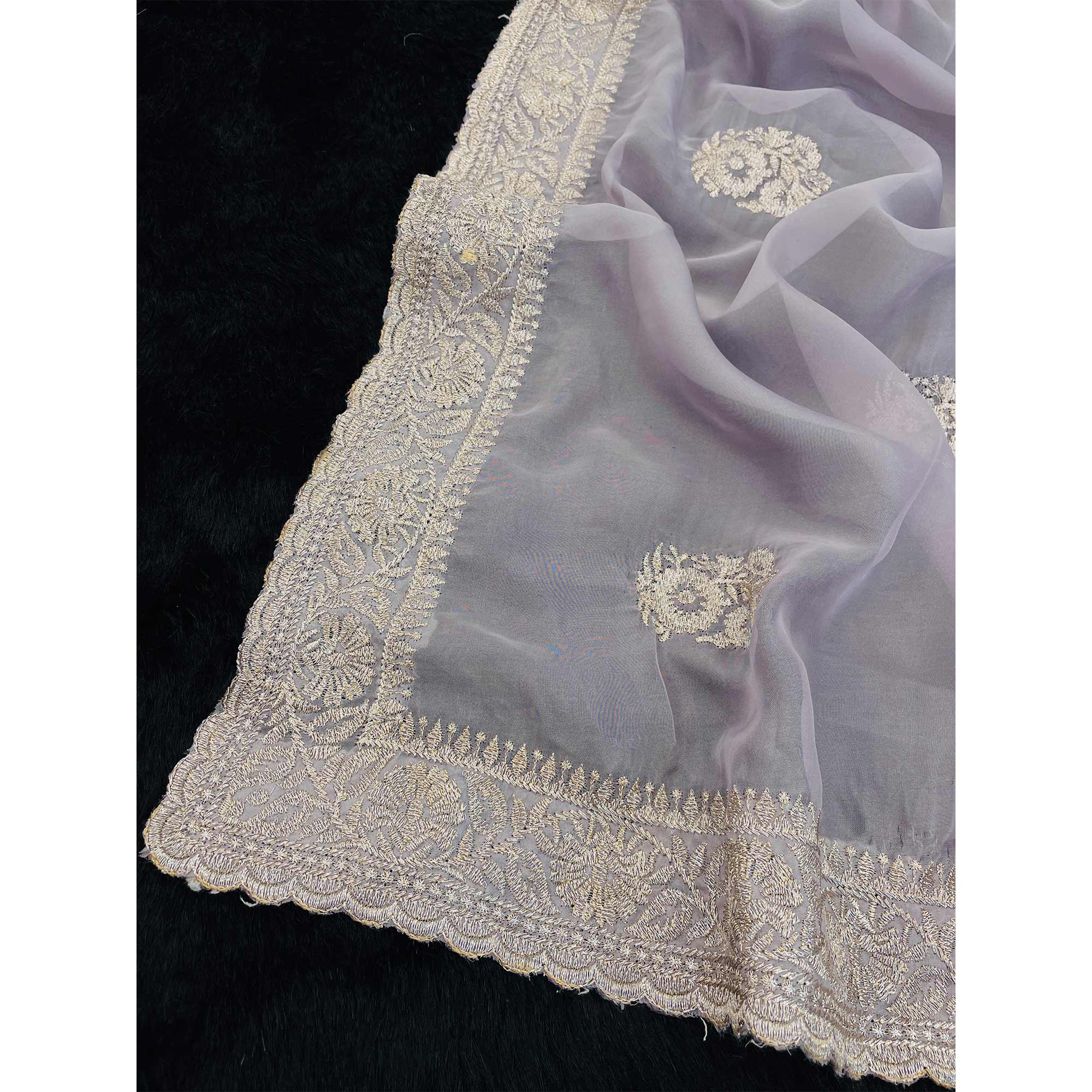 Lavender Saree in Organza with Intricate Floral Embroidery