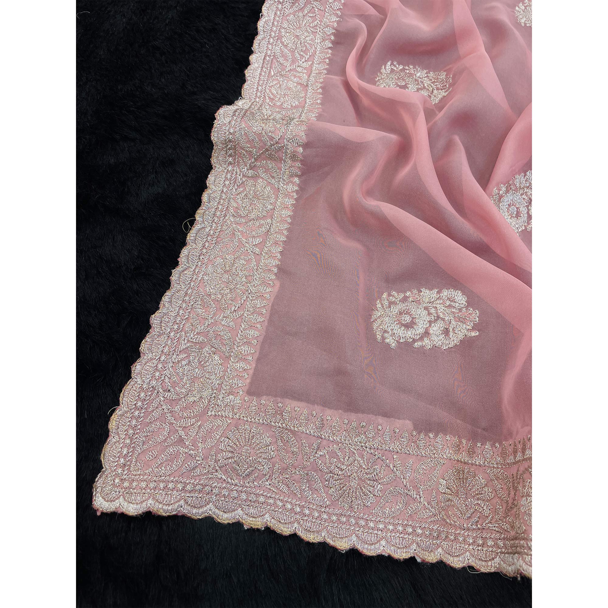 Pink Saree in Organza with Intricate Floral Embroidery