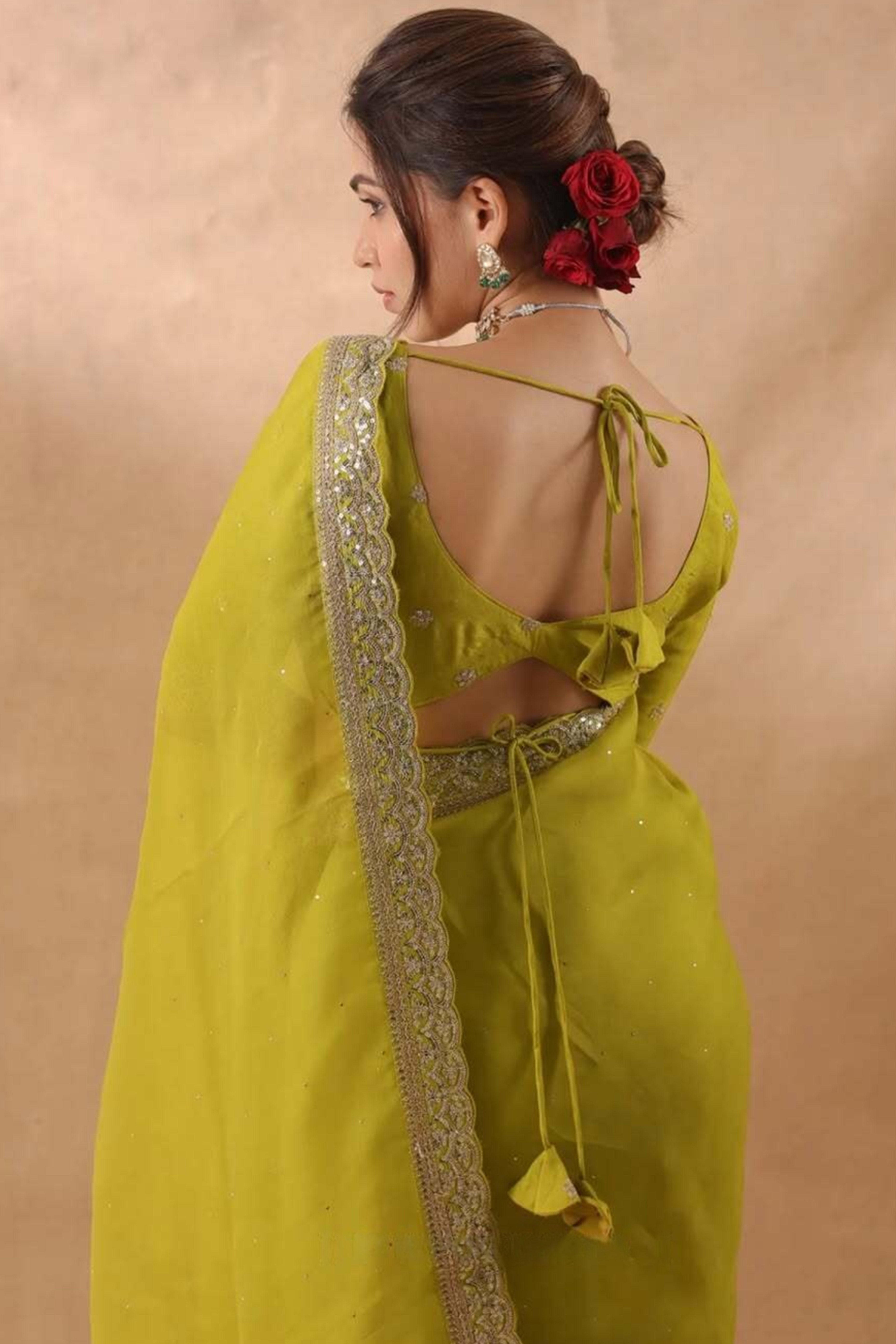 Lime Green Soft Tissue Saree Adorned with Alluring Sequin Detailing for a Luxurious Look