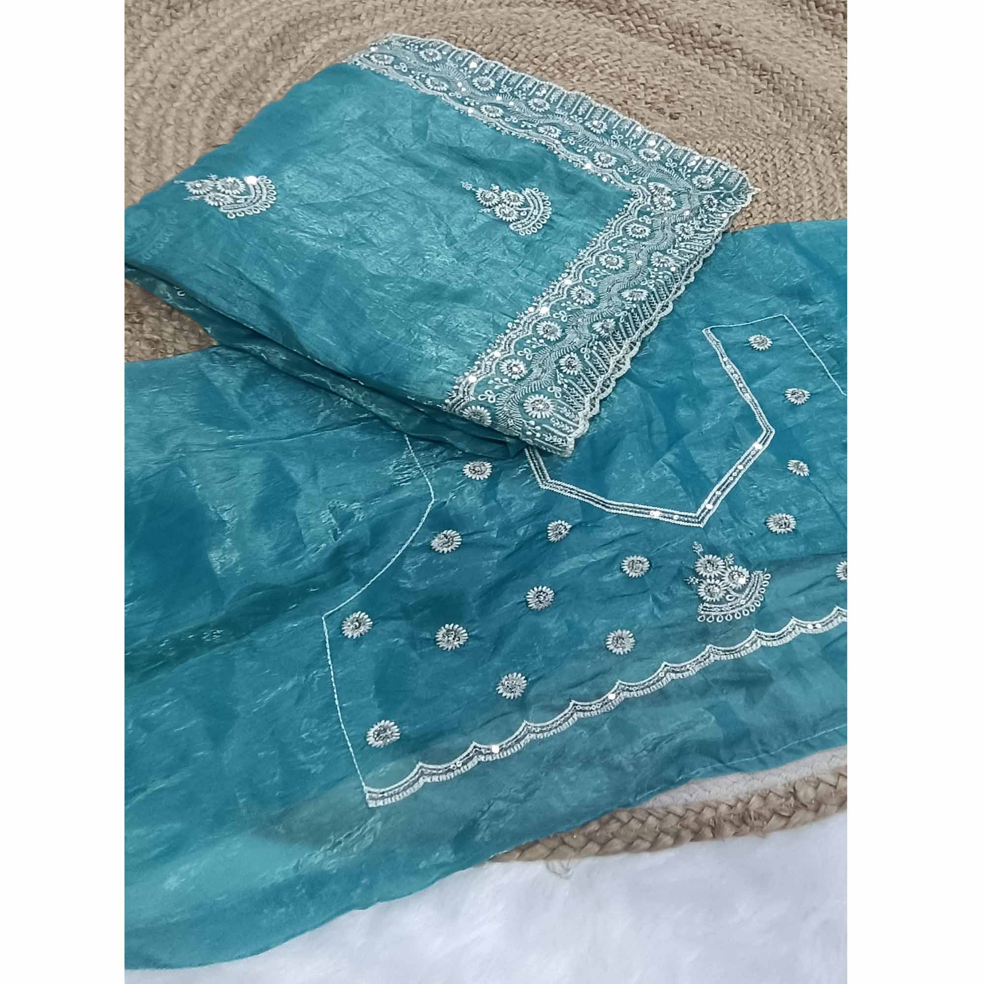 Blue Cotton Blend Saree With Intricate Floral Thread Embroidery & Sparkling Sequins