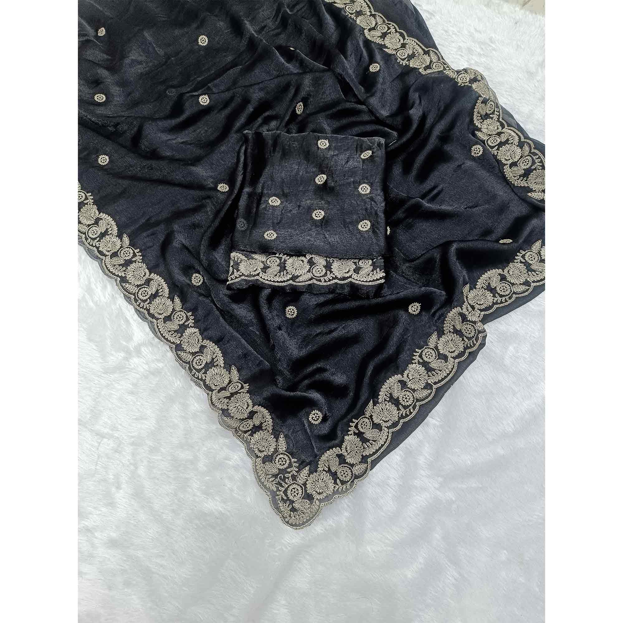 Black Satin Silk Saree Accented With Intricate Floral Cording Embroidery