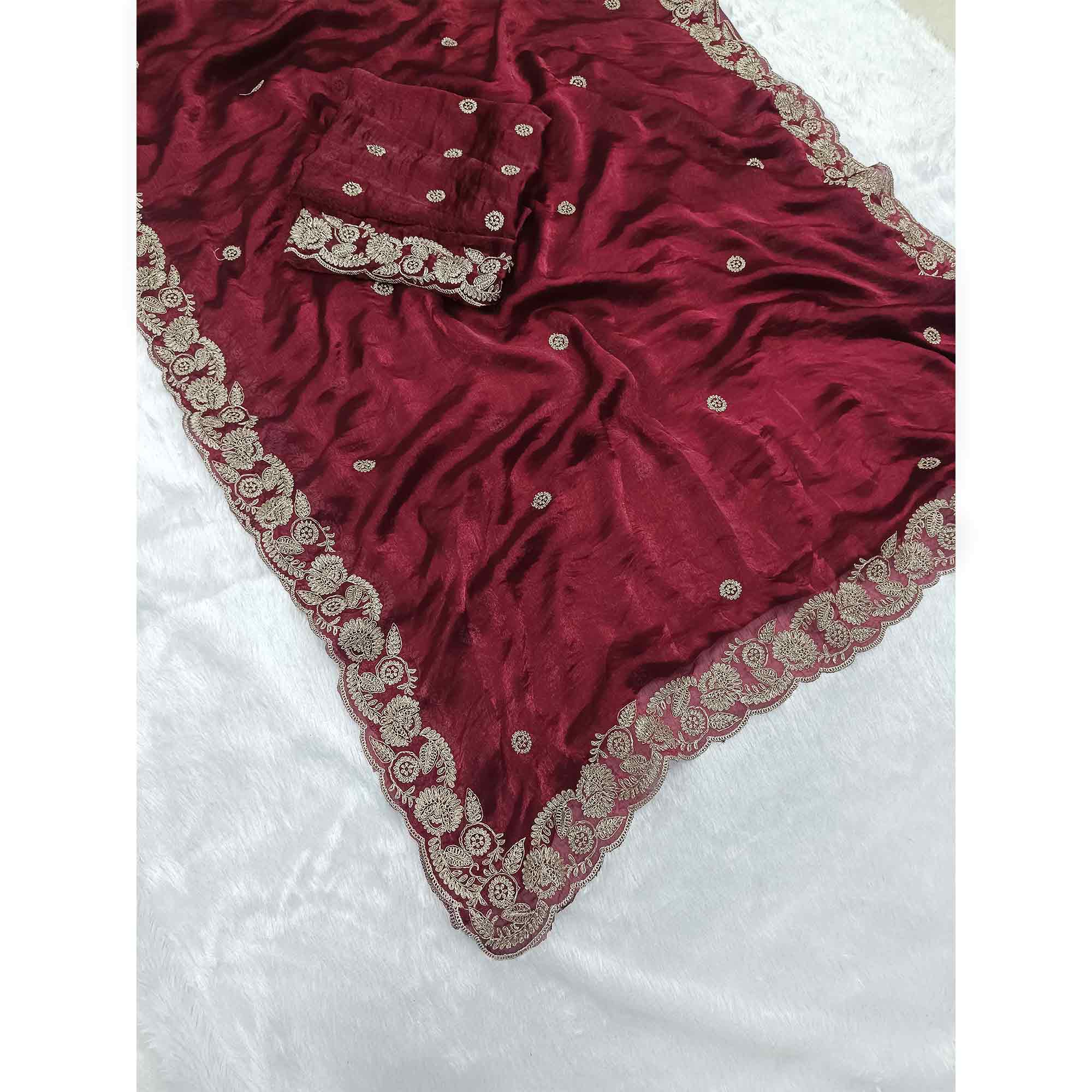 Maroon Satin Silk Saree Accented With Intricate Floral Cording Embroidery