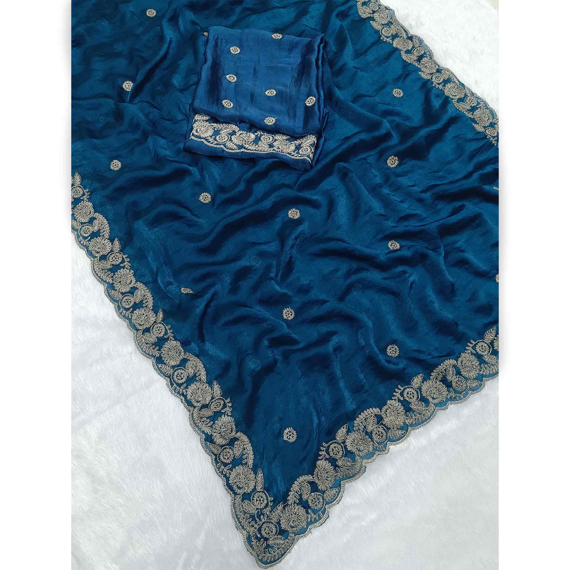 Morpich Blue Satin Silk Saree Accented With Intricate Floral Cording Embroidery
