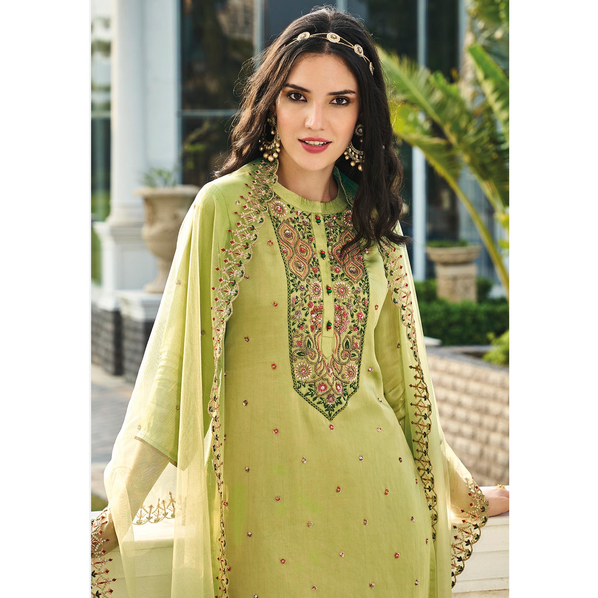 Green Embroidered Chinon Sharara Suit