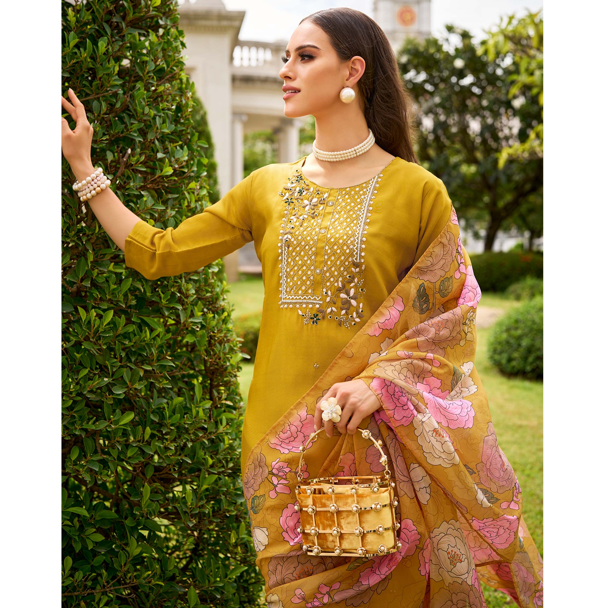 Yellow Floral Embroidered Chanderi Silk Suit