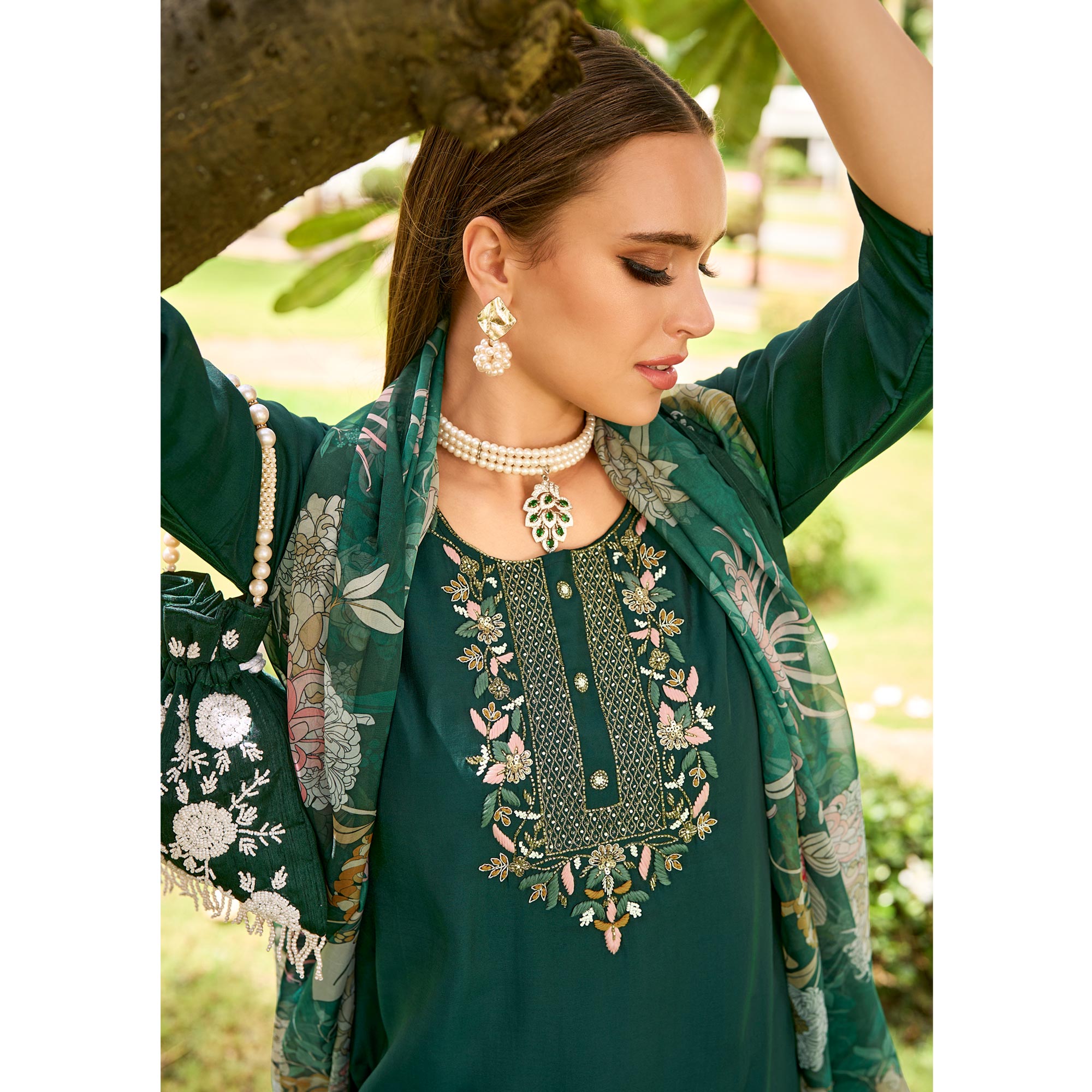Green Floral Embroidered Chanderi Silk Suit