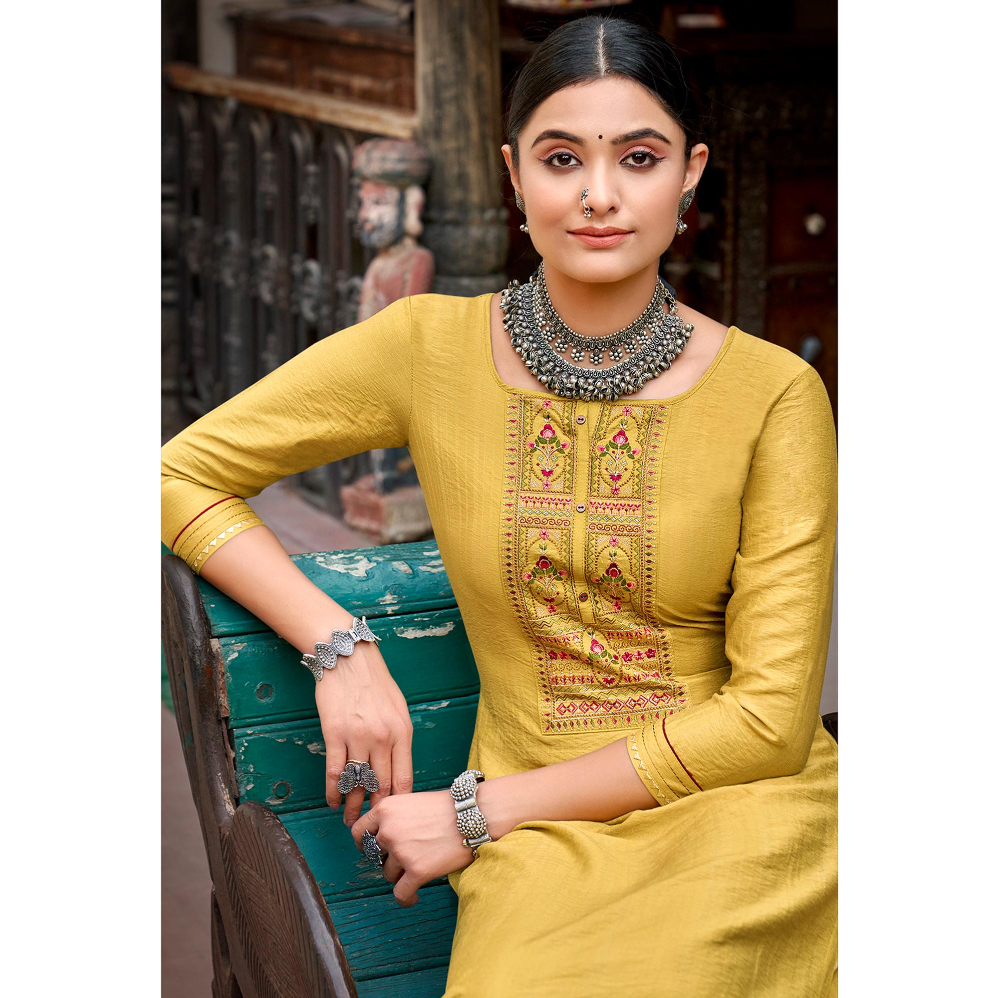 Yellow Embroidered Viscose Kurti