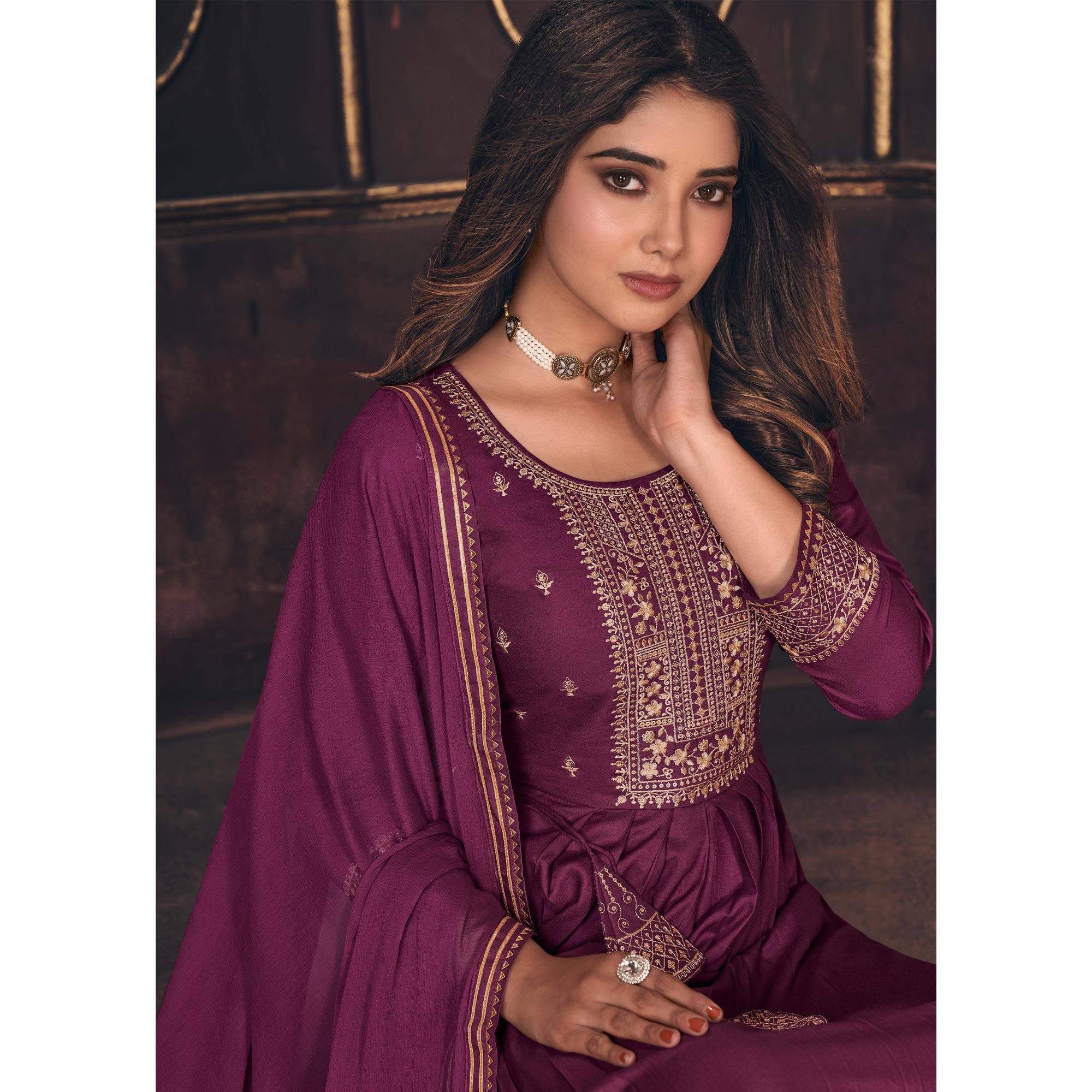 Wine Embroidered Cotton Silk Naira Cut Suit