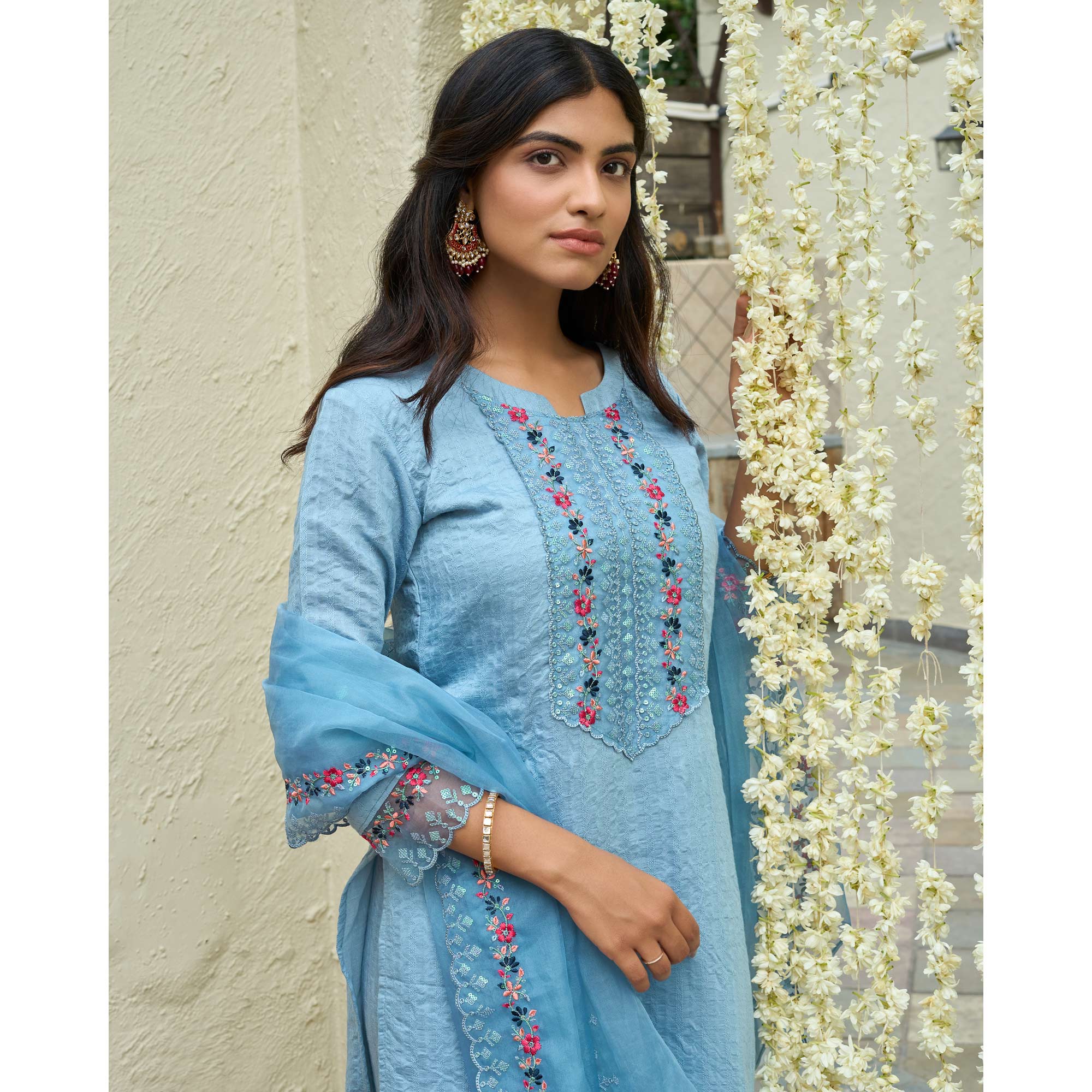 Blue Floral Embroidered Rayon Salwar Suit