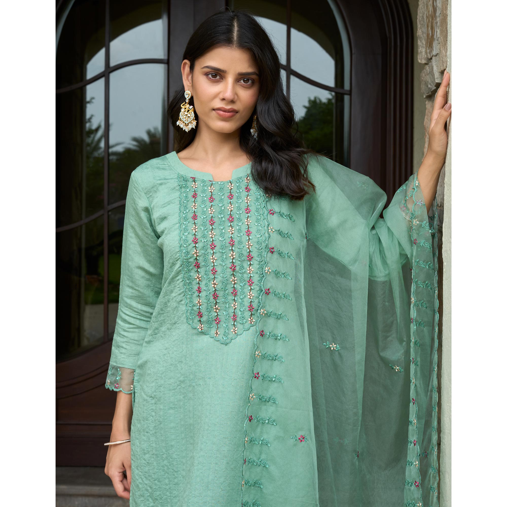 Turquoise Floral Embroidered Rayon Salwar Suit