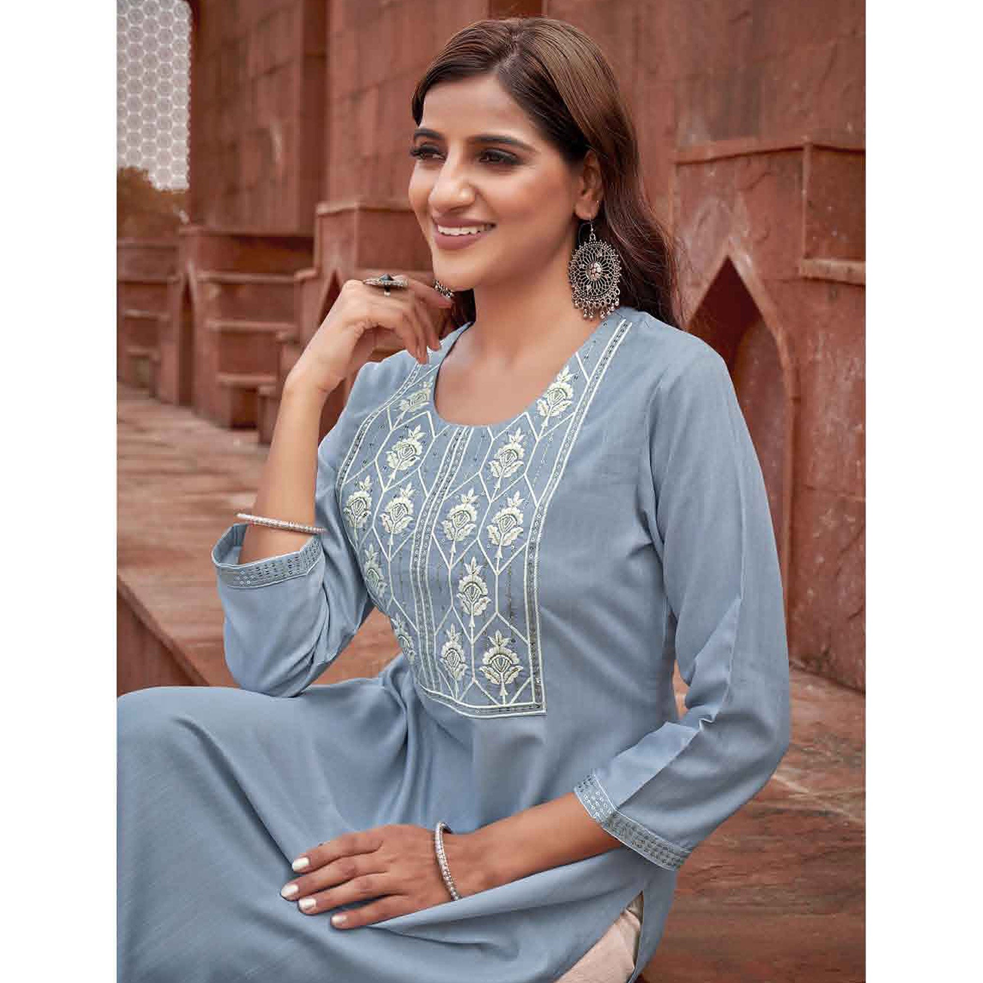 Sky Blue Floral Embroidered Rayon Kurti