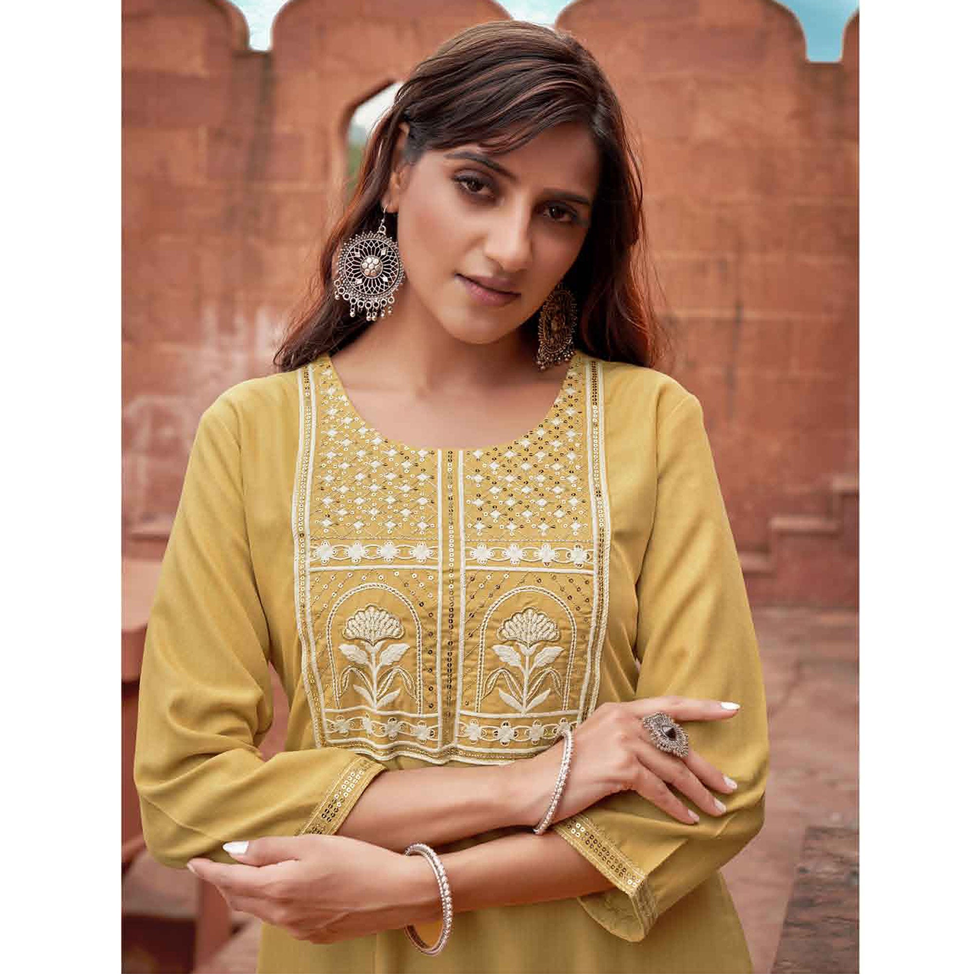 Mustard Floral Embroidered Rayon Kurti