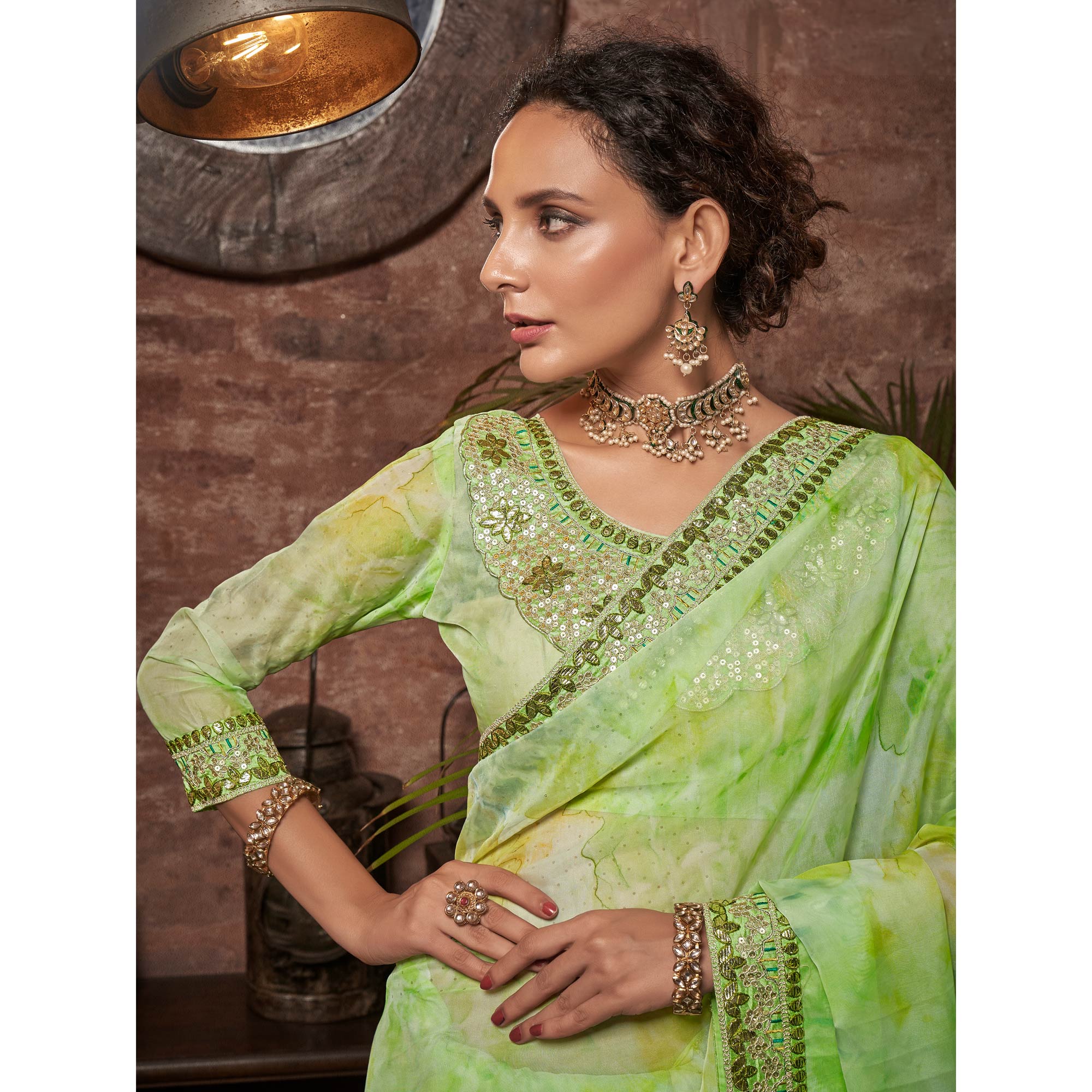 Green Abstract Printed With Embroidered Organza Saree
