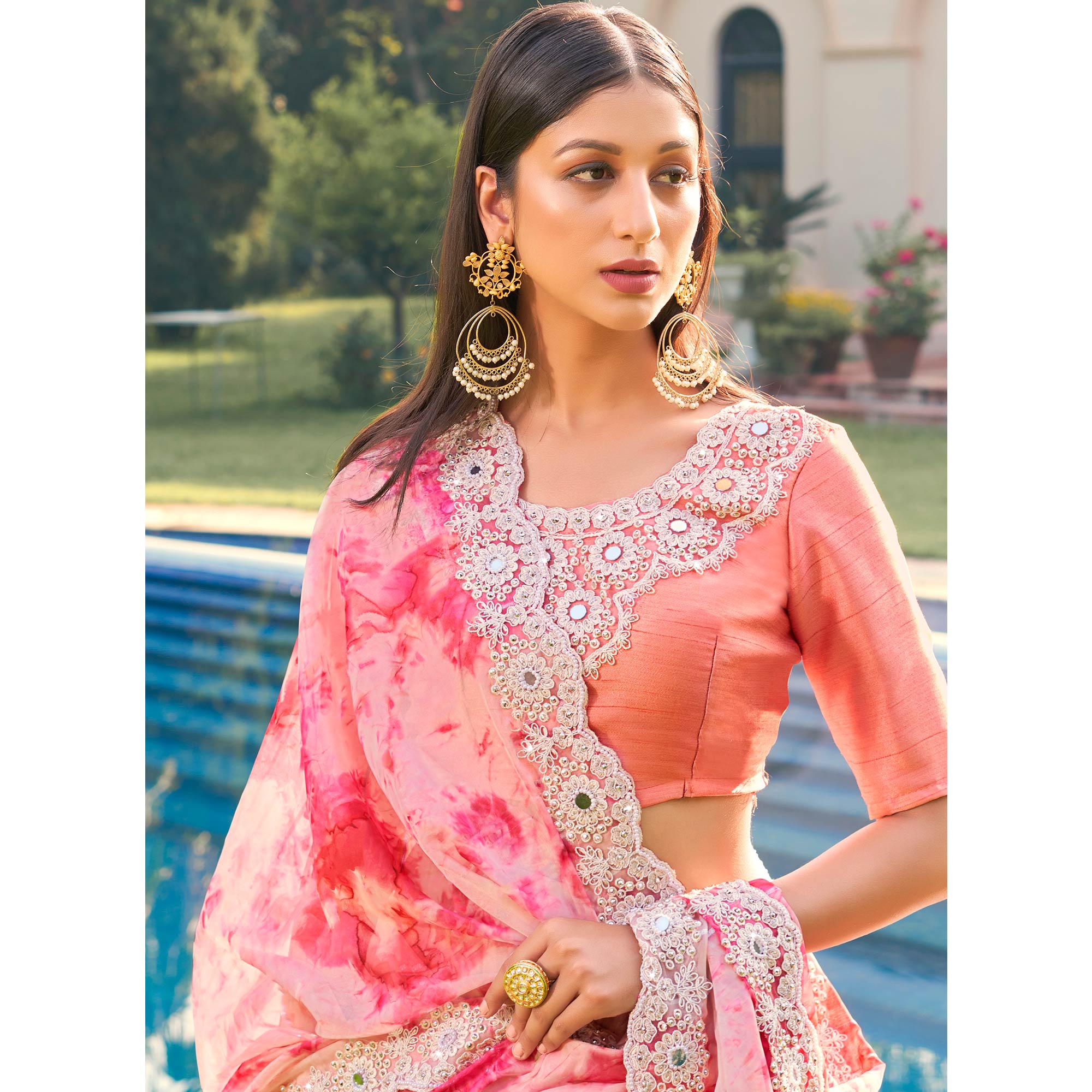 Pink Abstract Printed With Embroidered Organza Saree