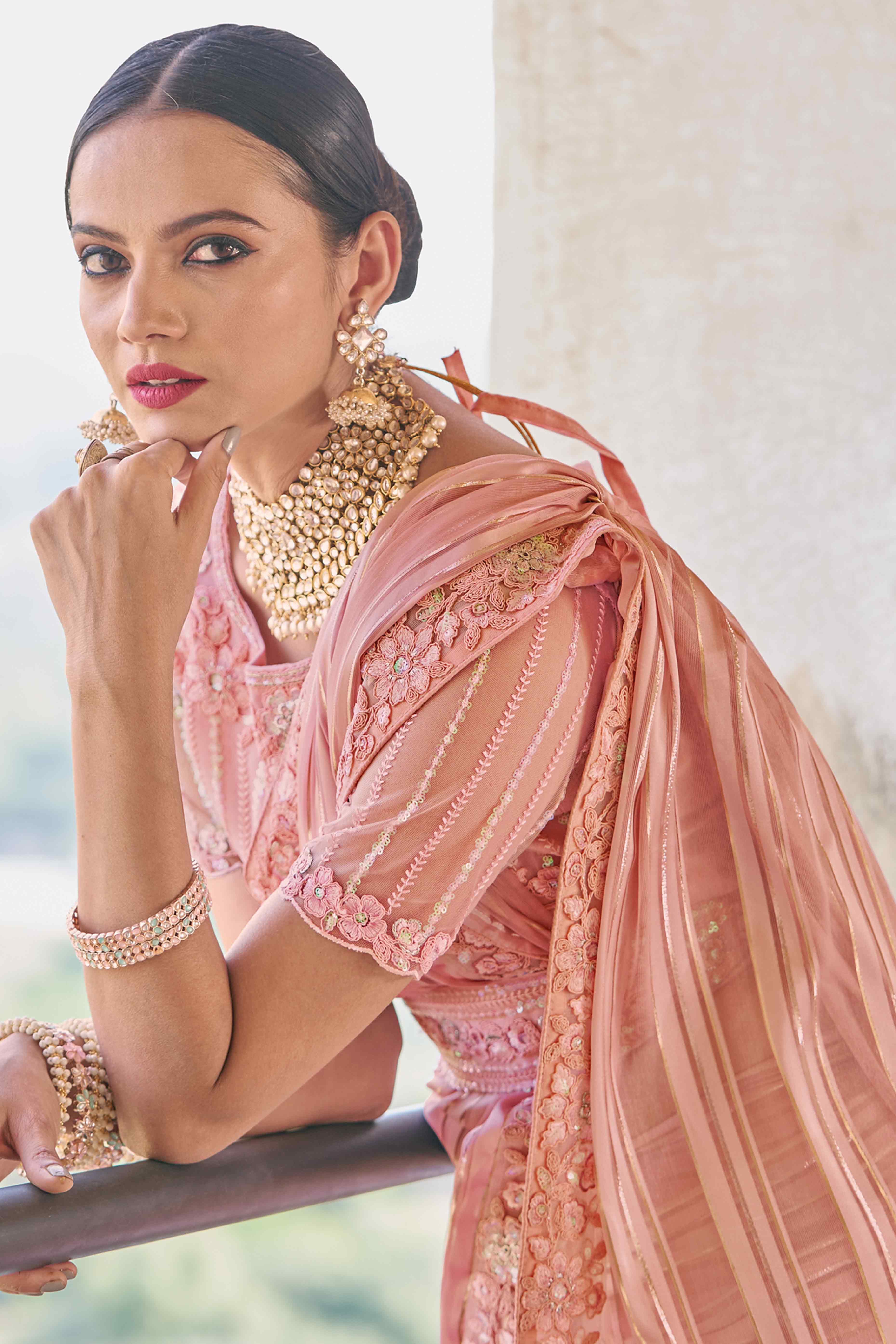 Peach Sequins Embroidered Georgette Saree