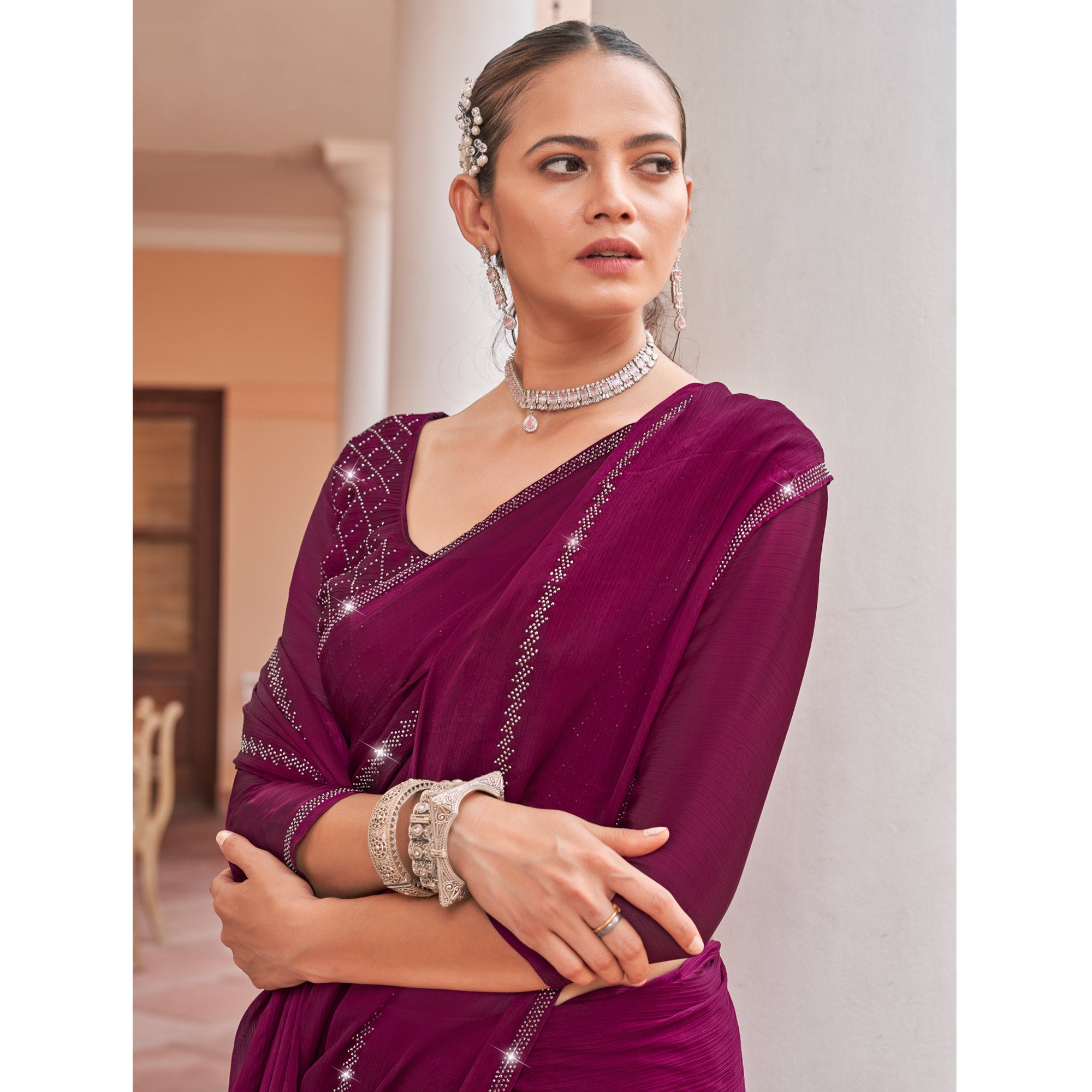 Purple Swarovski Work Georgette Saree