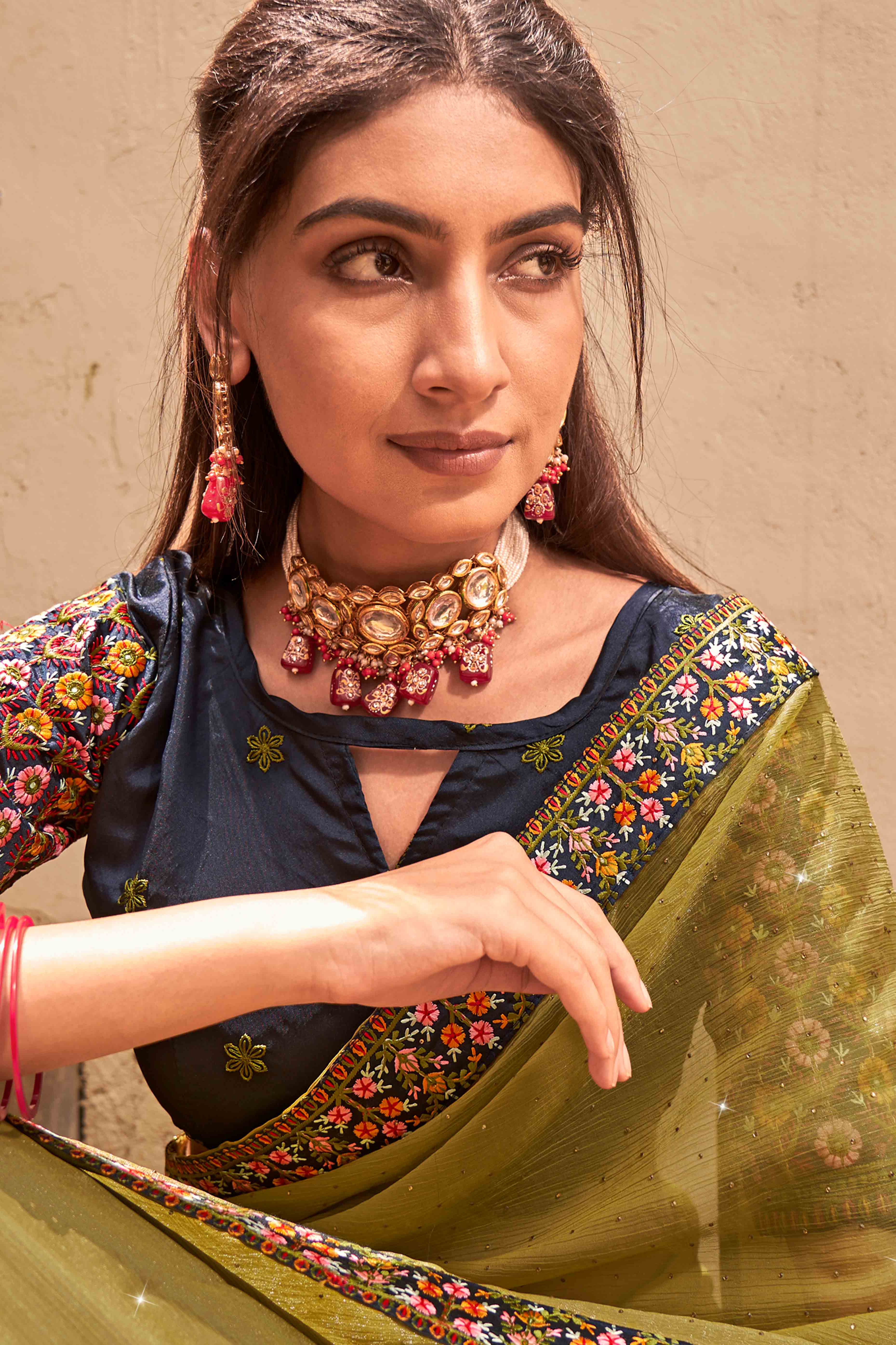 Green Swarovski Work Embroidered Shimmer Saree