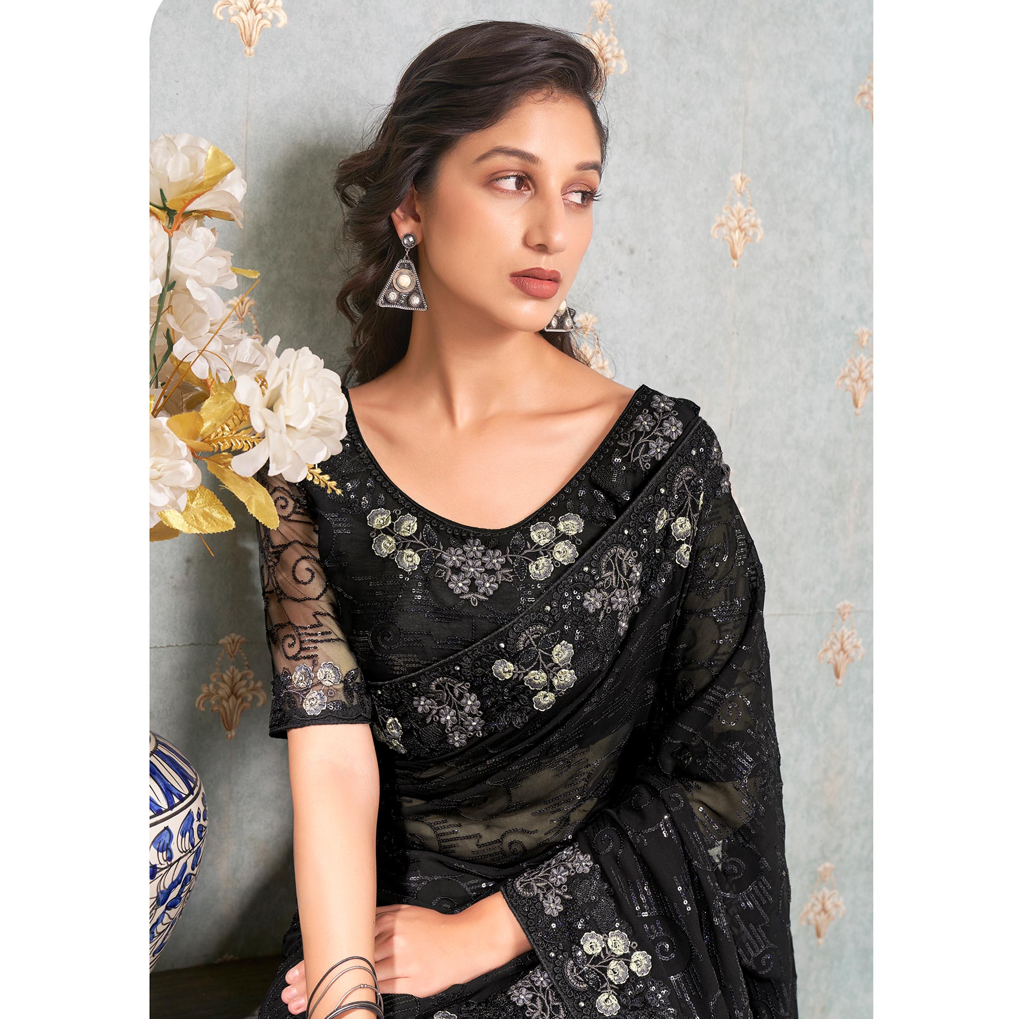 Black Sequins Embroidered Georgette Saree