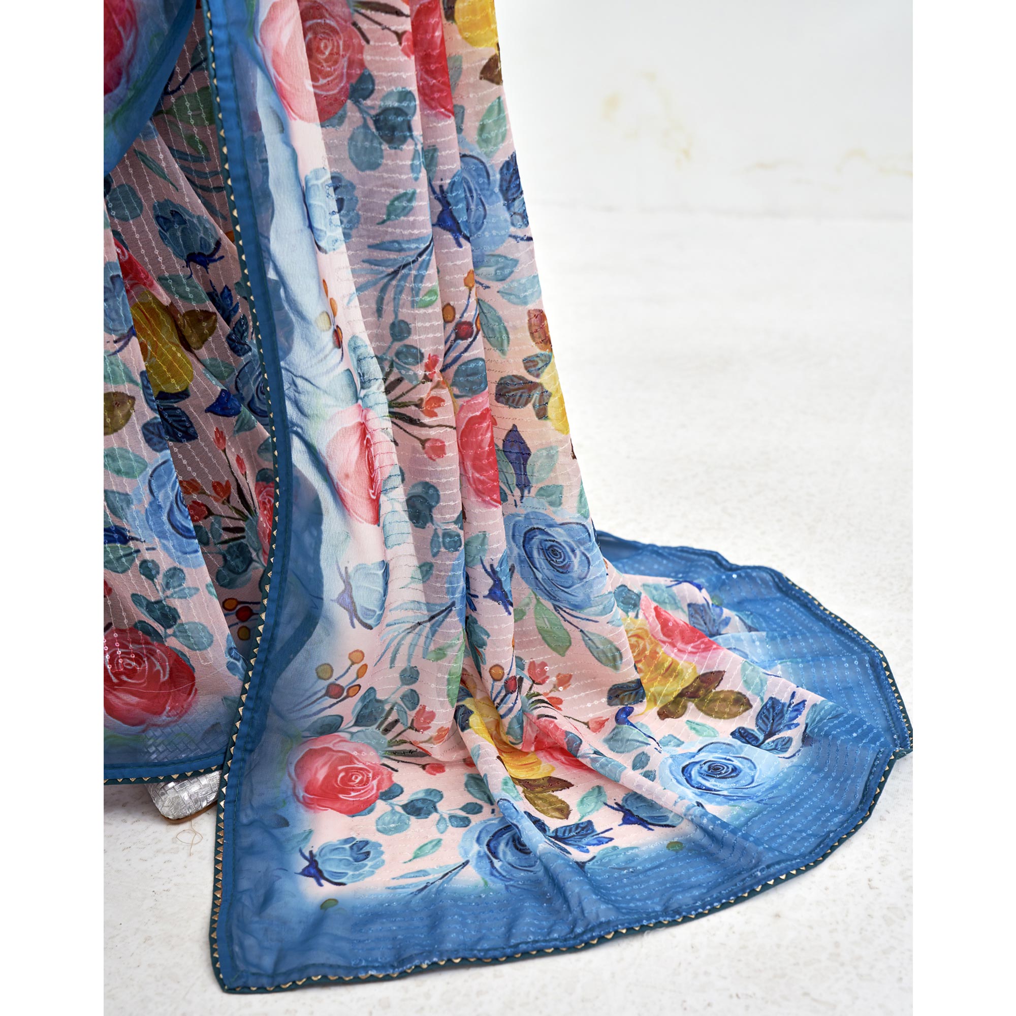 Pink & Blue Floral Print Georgette Saree