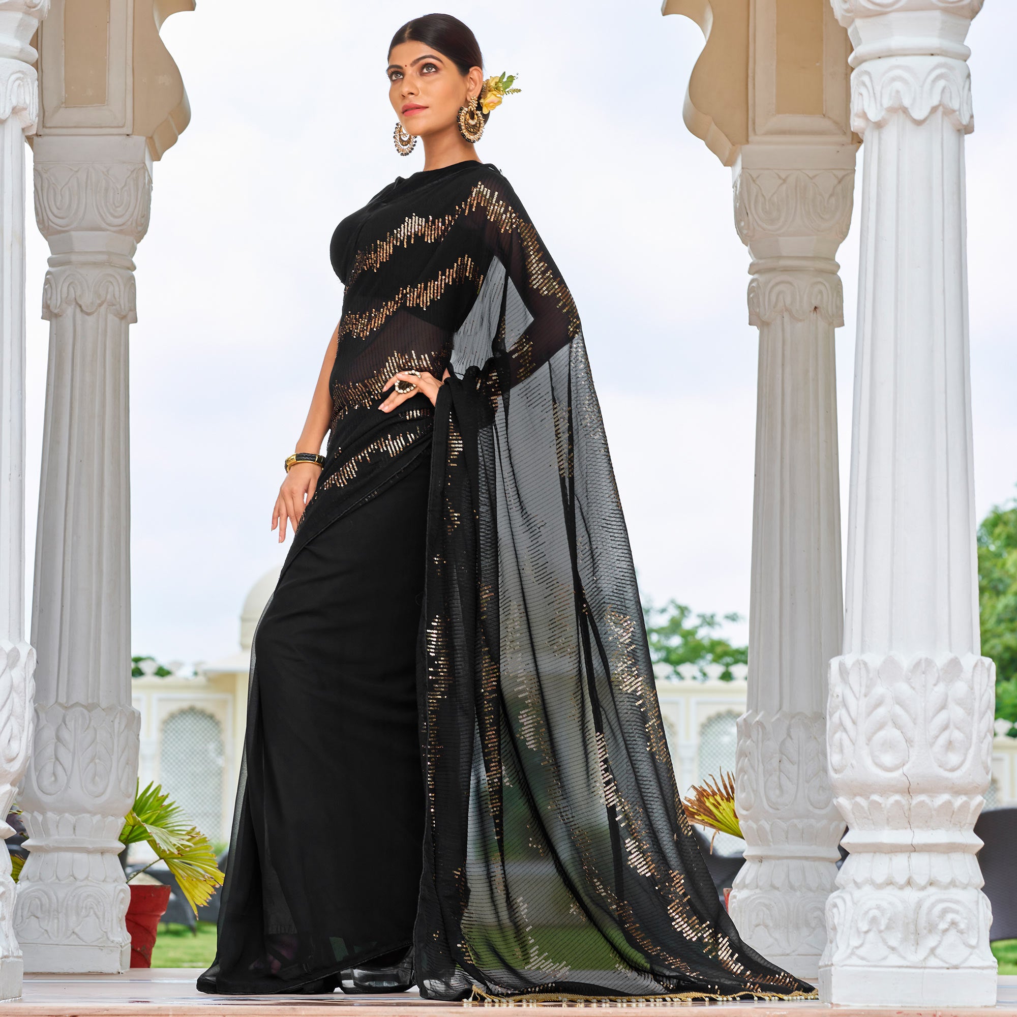 Black Sequins Embroidered Georgette Saree