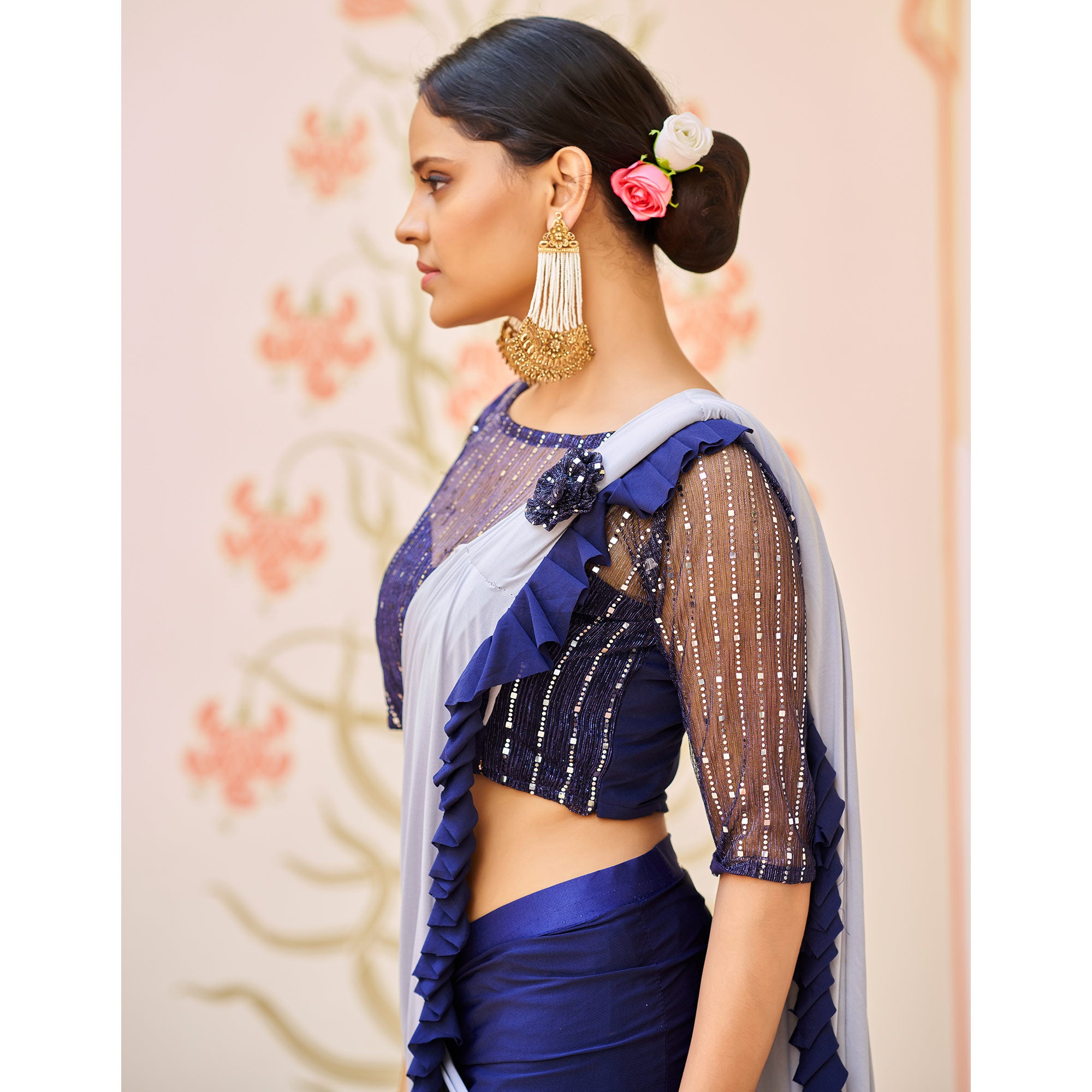 Blue And Grey Half Half Lycra Ready To Wear Saree