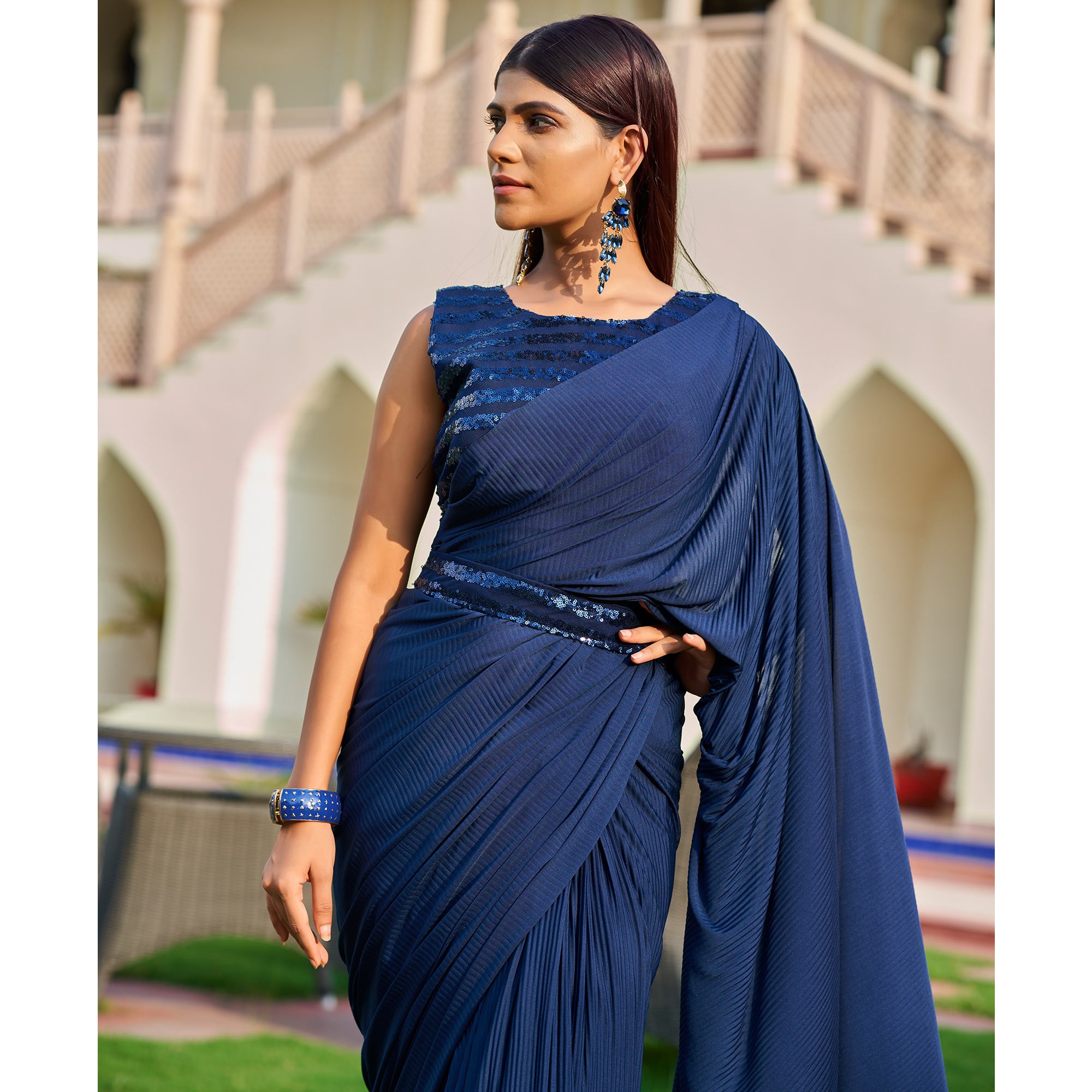 Navy Blue Lycra Crush Design Ready To Wear Saree