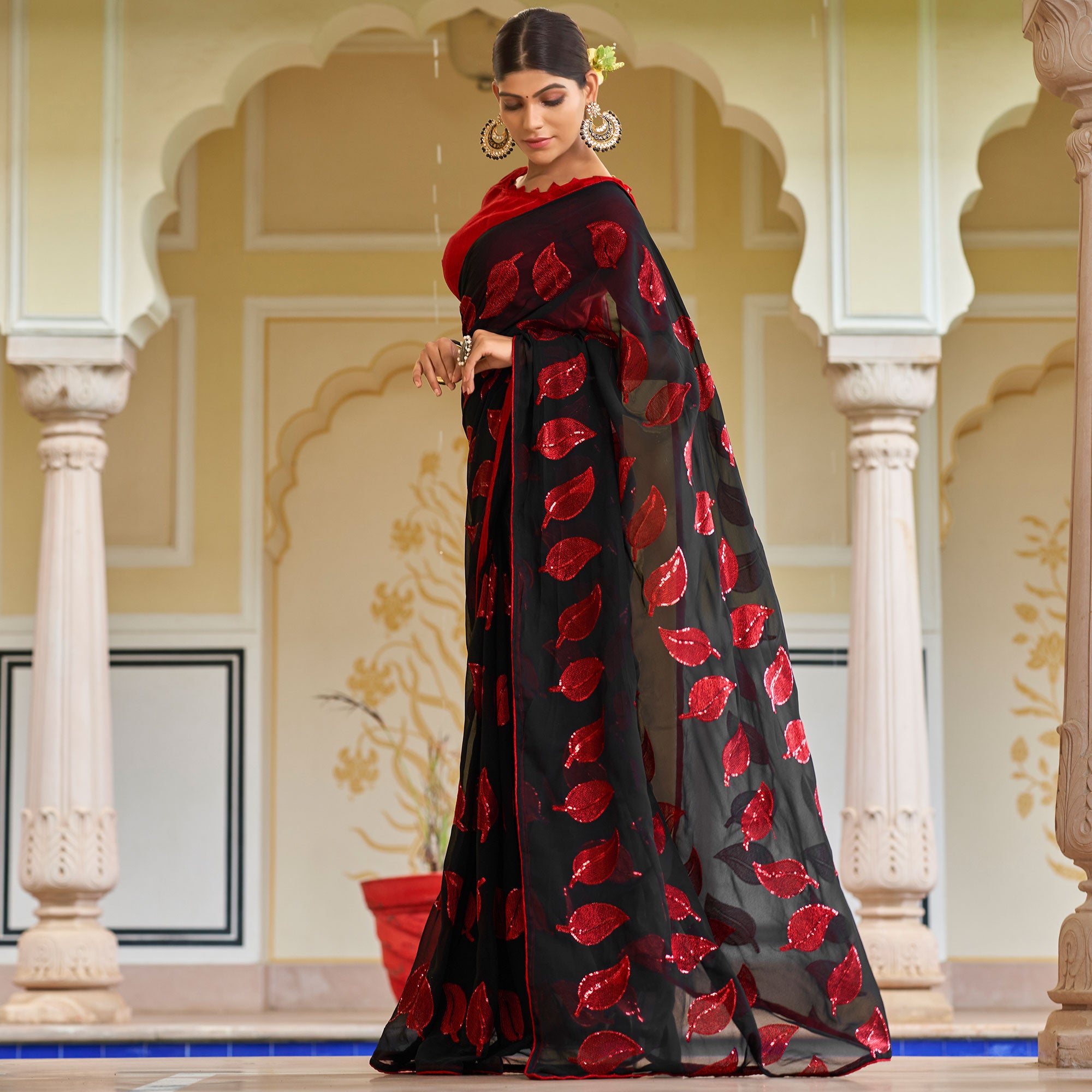 Black & Red Sequins Embroidered Georgette Saree