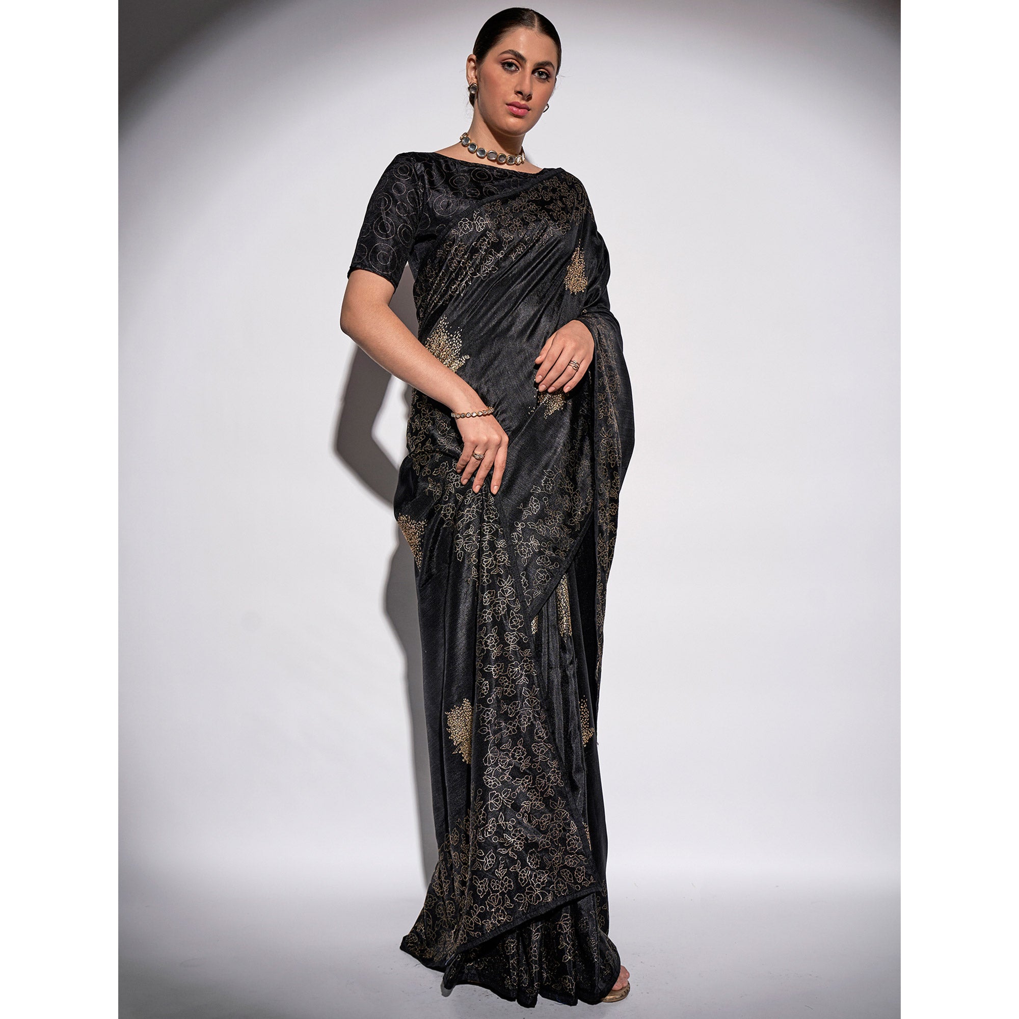 Black Foil Print Georgette Fabric Saree