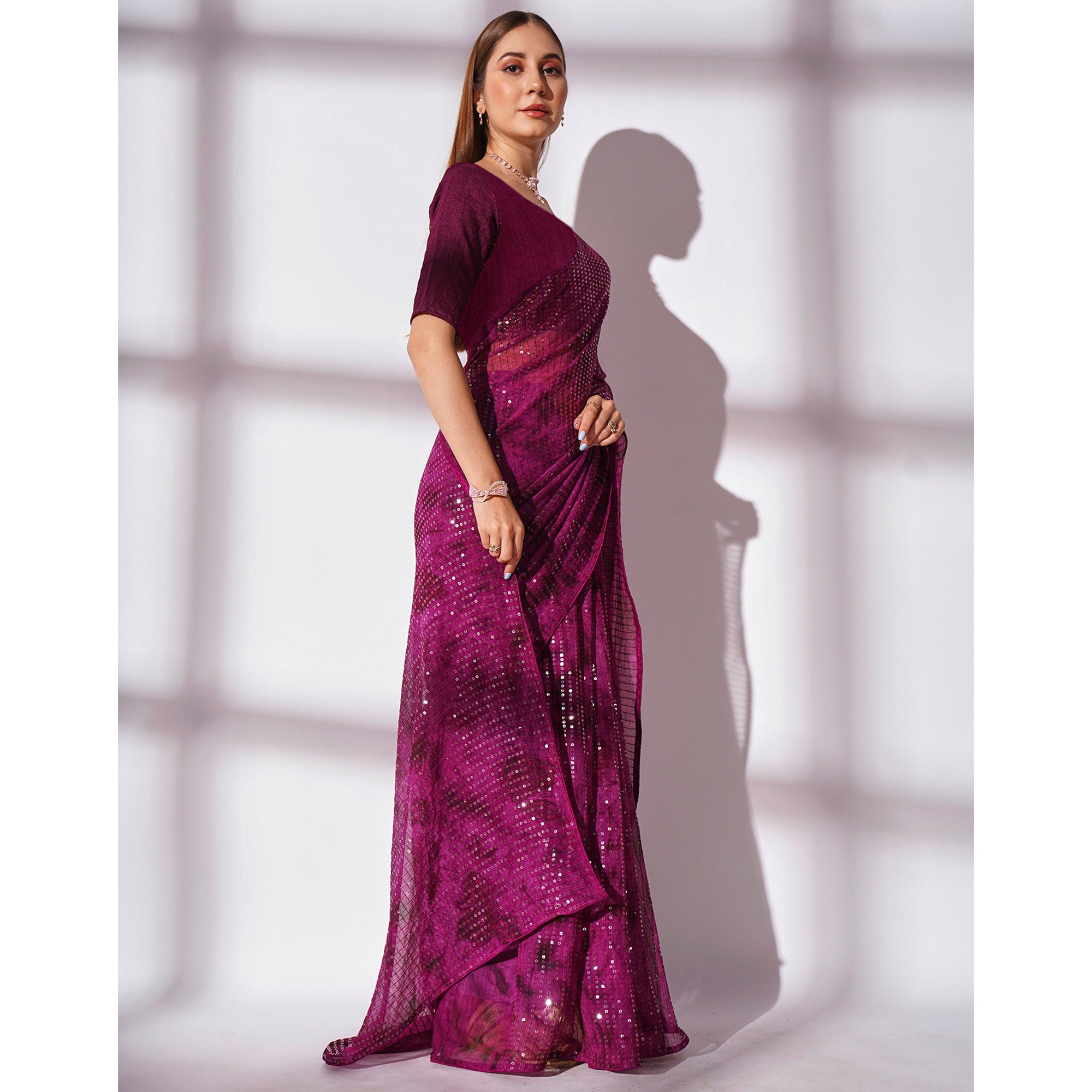 Wine Ombre Print Sequence Work Georgette Saree