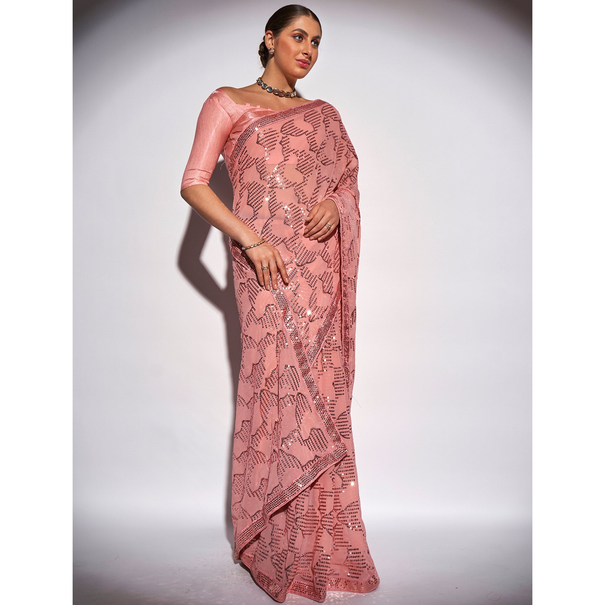 Peach Sequins Embroidered Georgette Saree