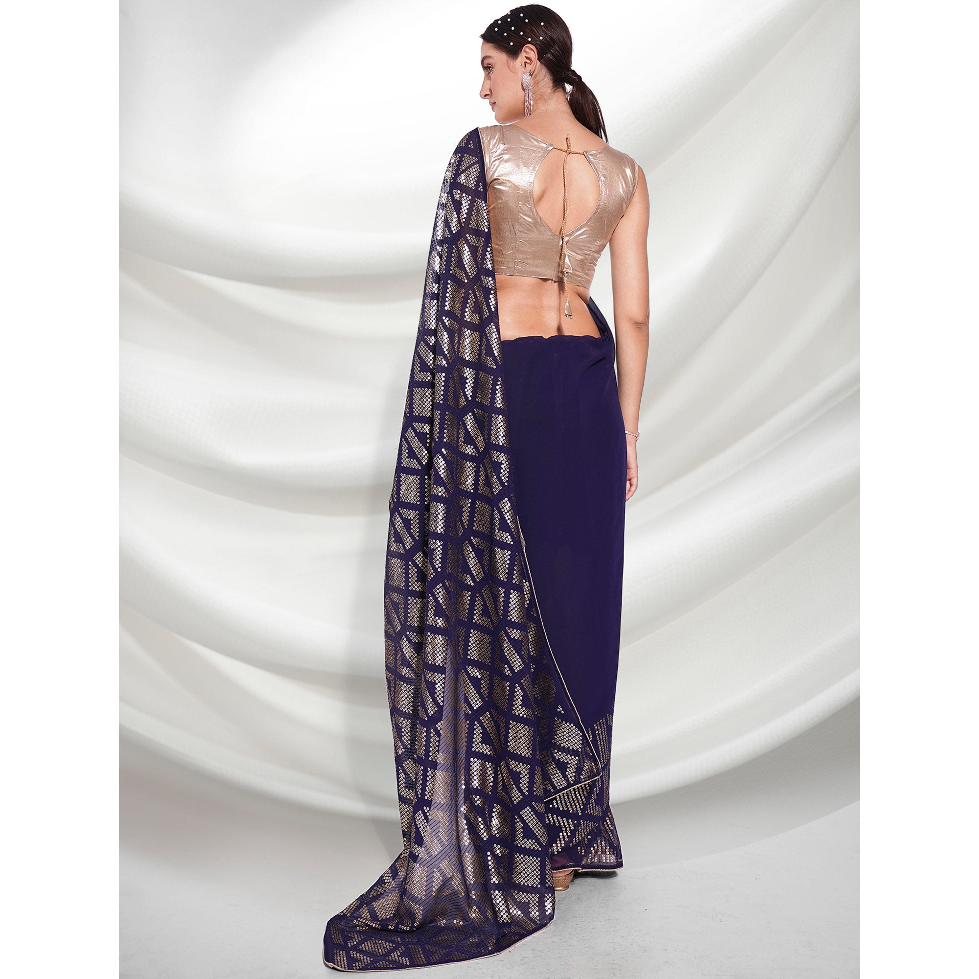 Navy Blue Sequins Embroidered Georgette Saree