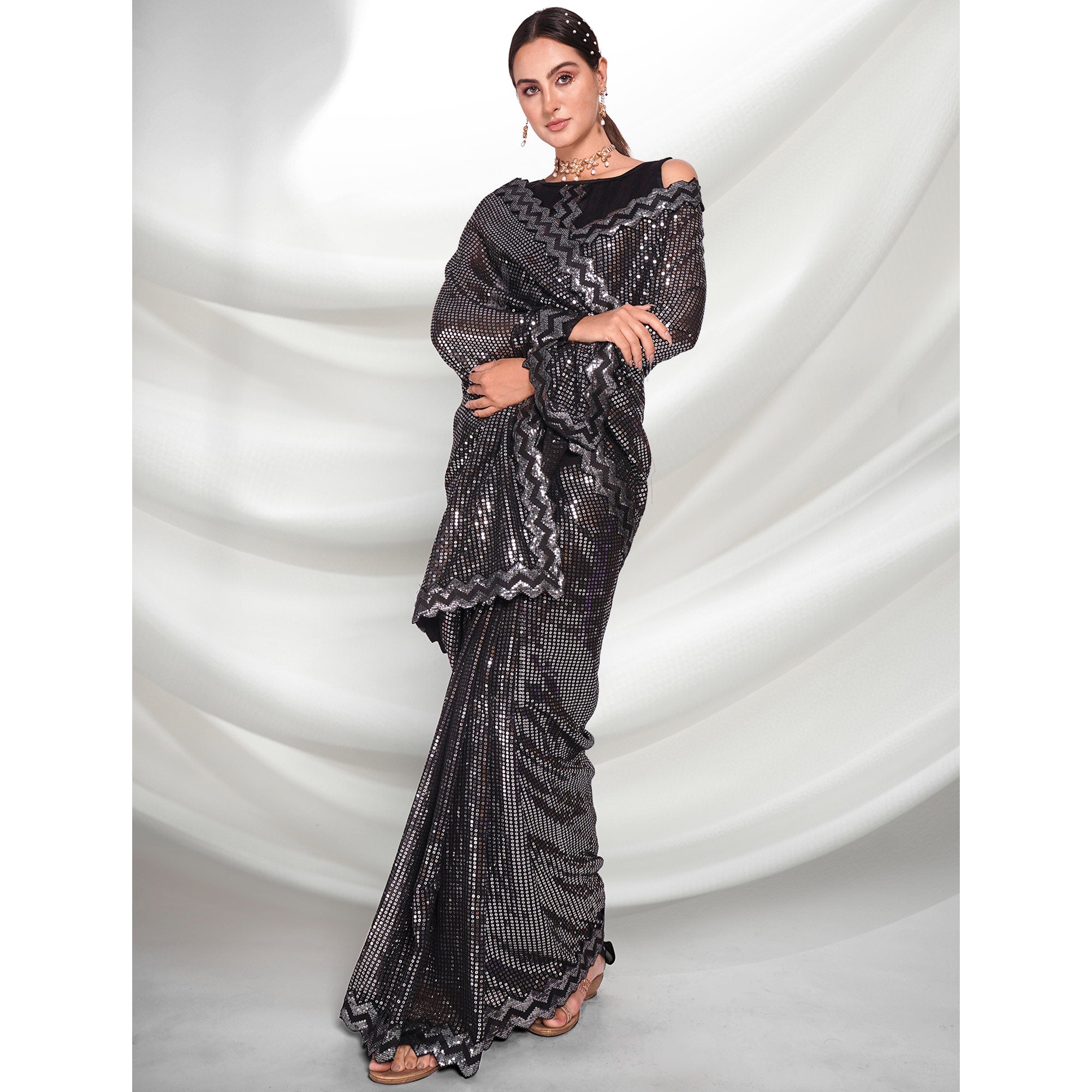 Black Sequins Embroidered Georgette Saree