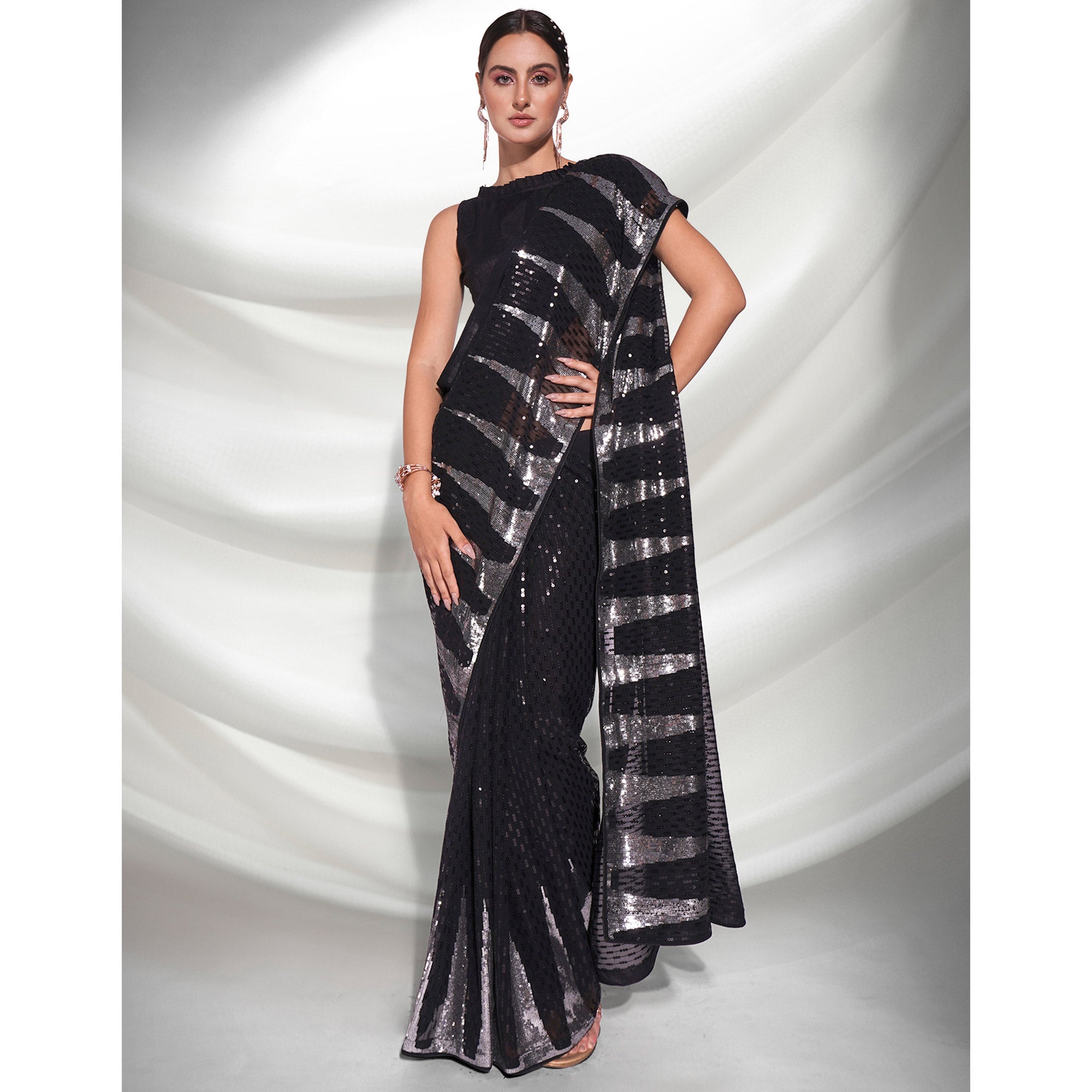 Black Sequins Embroidered Georgette Saree
