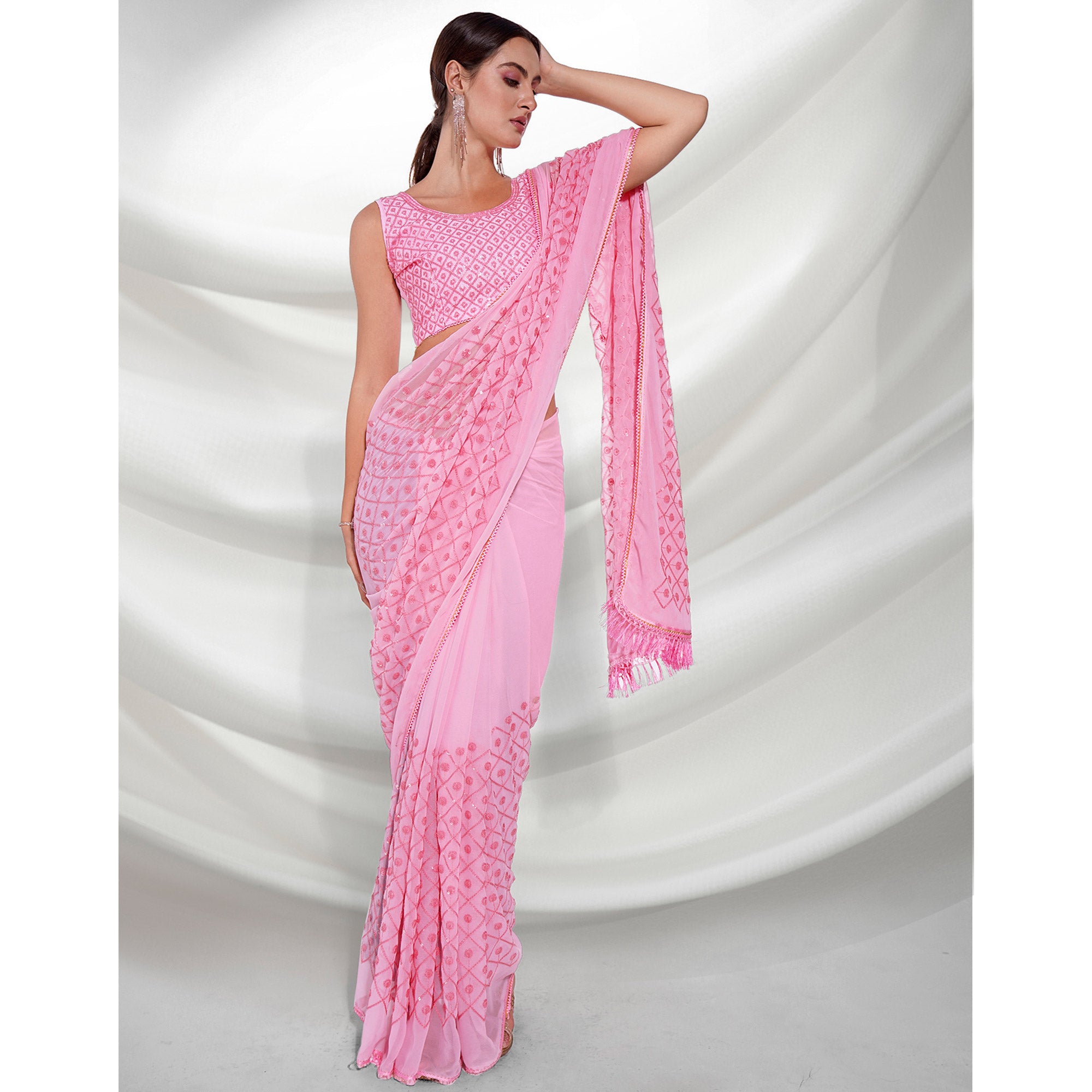 Pink Sequins Embroidered Georgette Saree