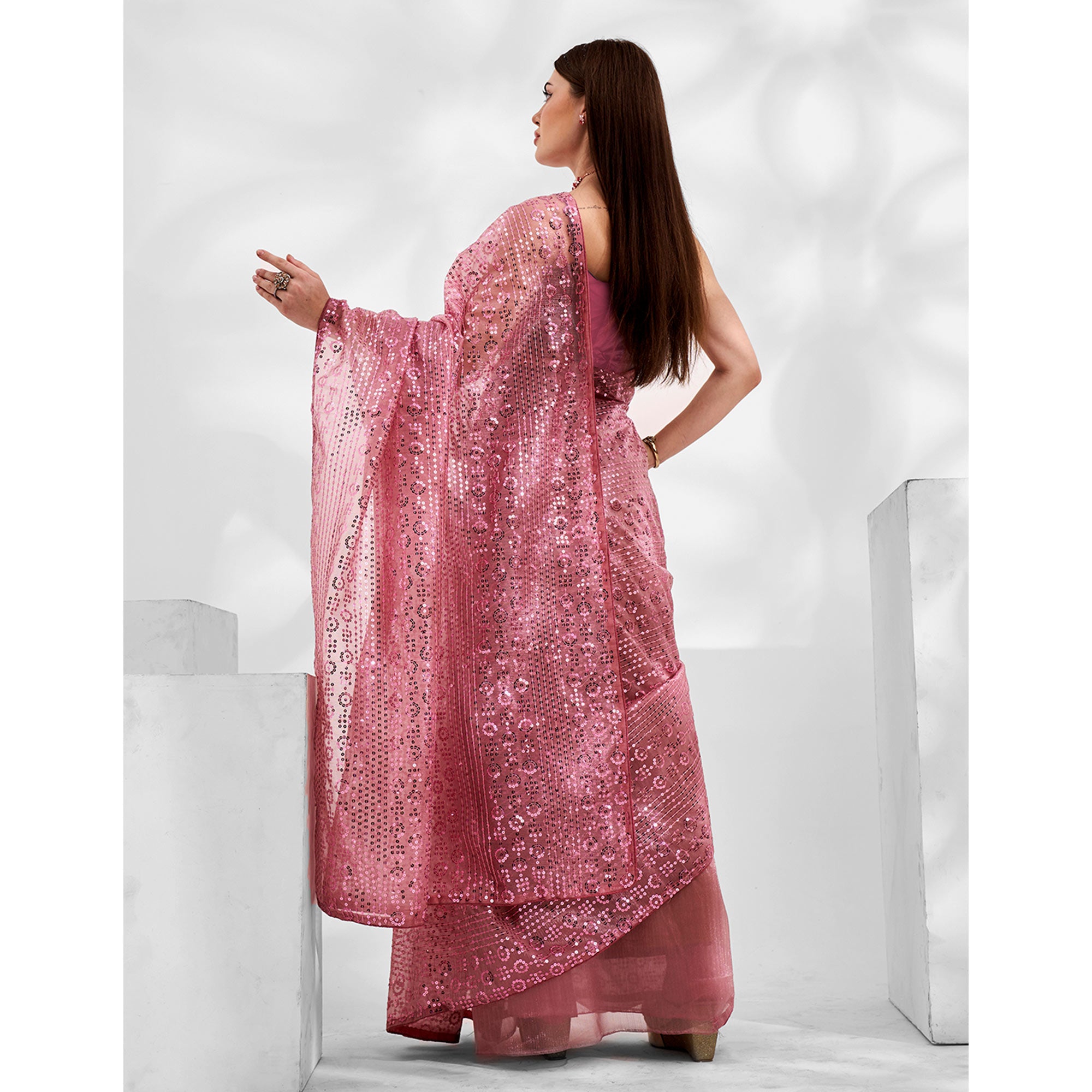 Pink Embroidered Sequinned Organza Saree