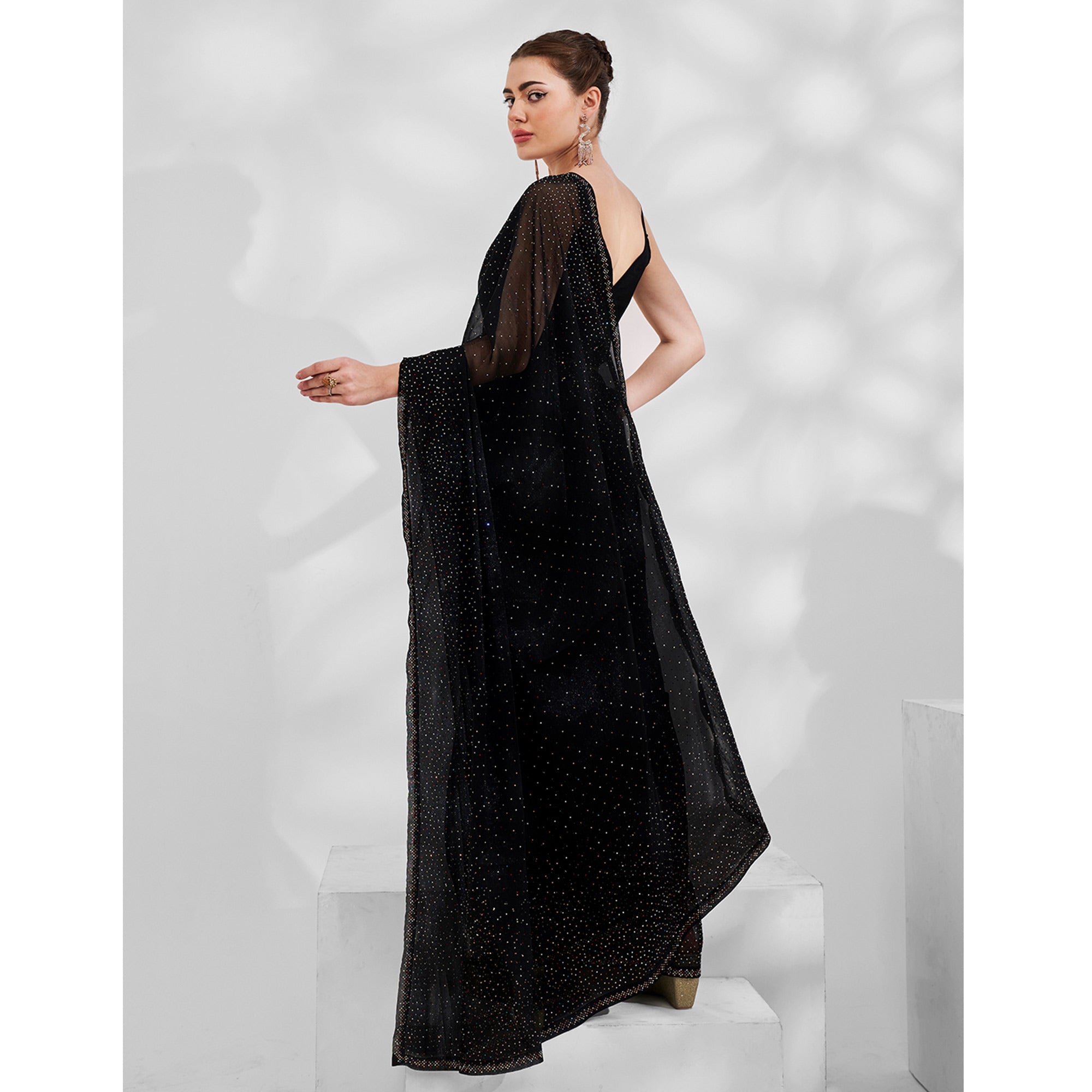 Black Embroidered Swaroski Work Chiffon Saree