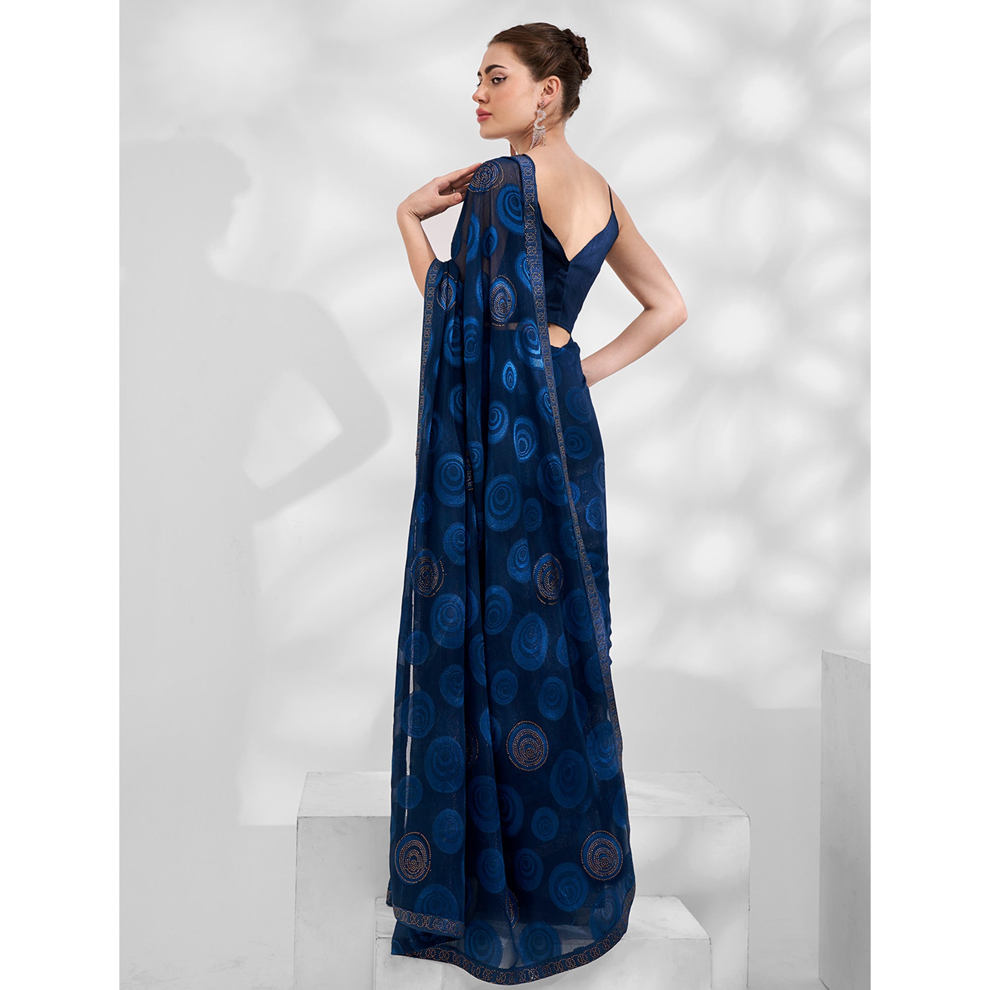 Blue Beads & Stones Embroidered Brasso Saree