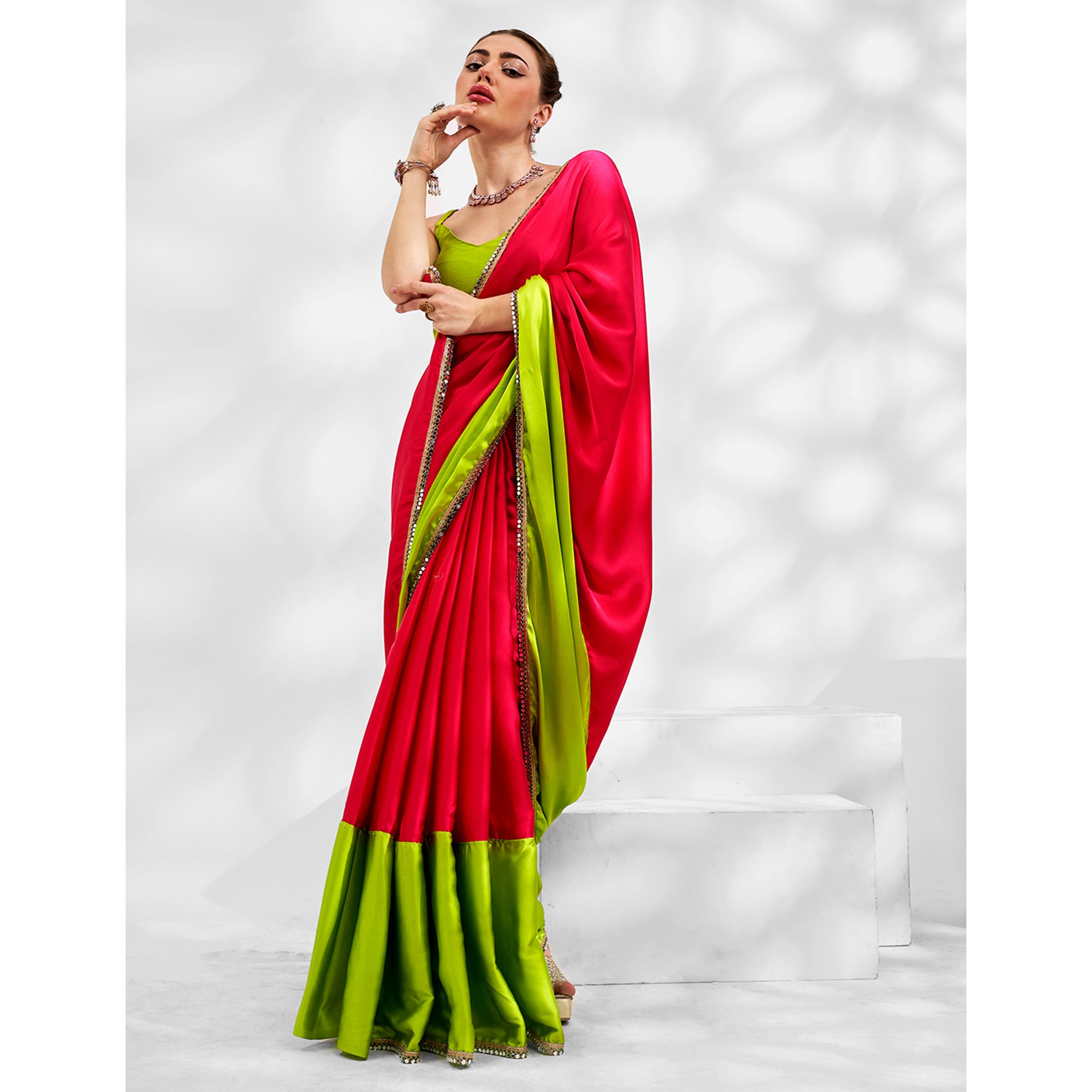 Pink & Green Solid Pure Silk Saree With Mirror Work Border