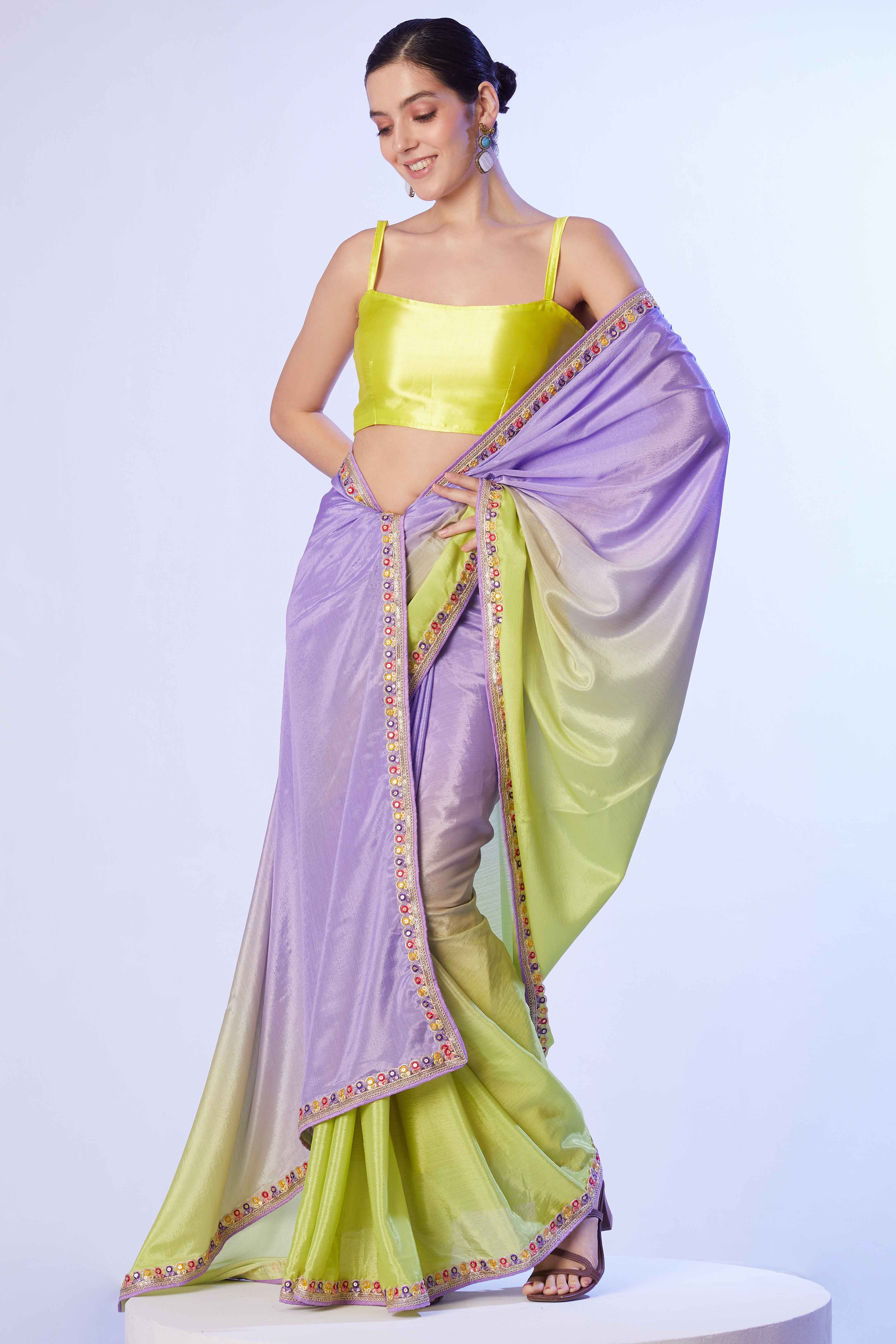 Green & Purple Ombre Bliss Chinon Solid Saree