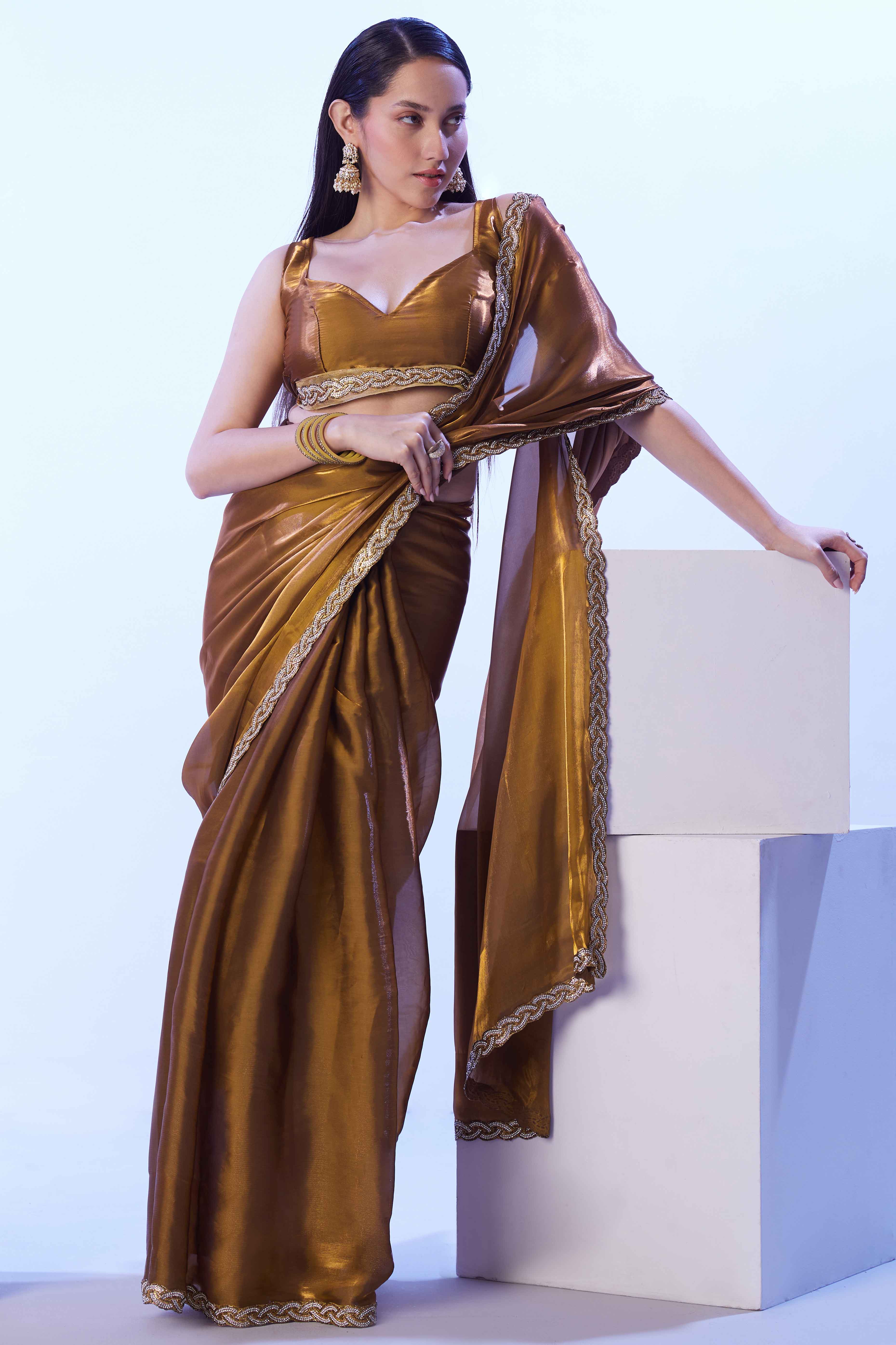 Copper Brown Satin Solid Embroidered Saree Adorned with Beads & Stones