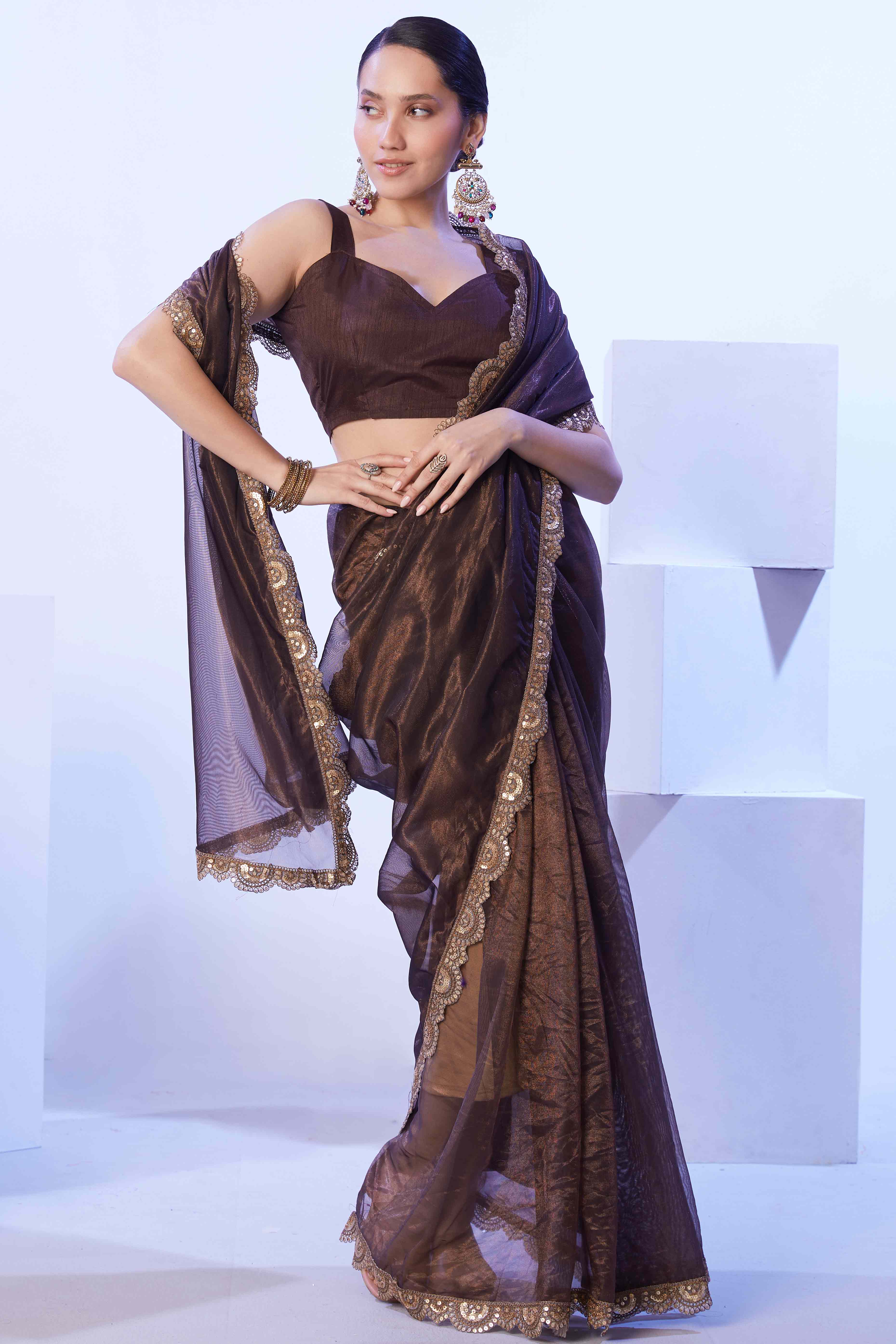 Brown Stone Work Net Solid Saree for Party Wear
