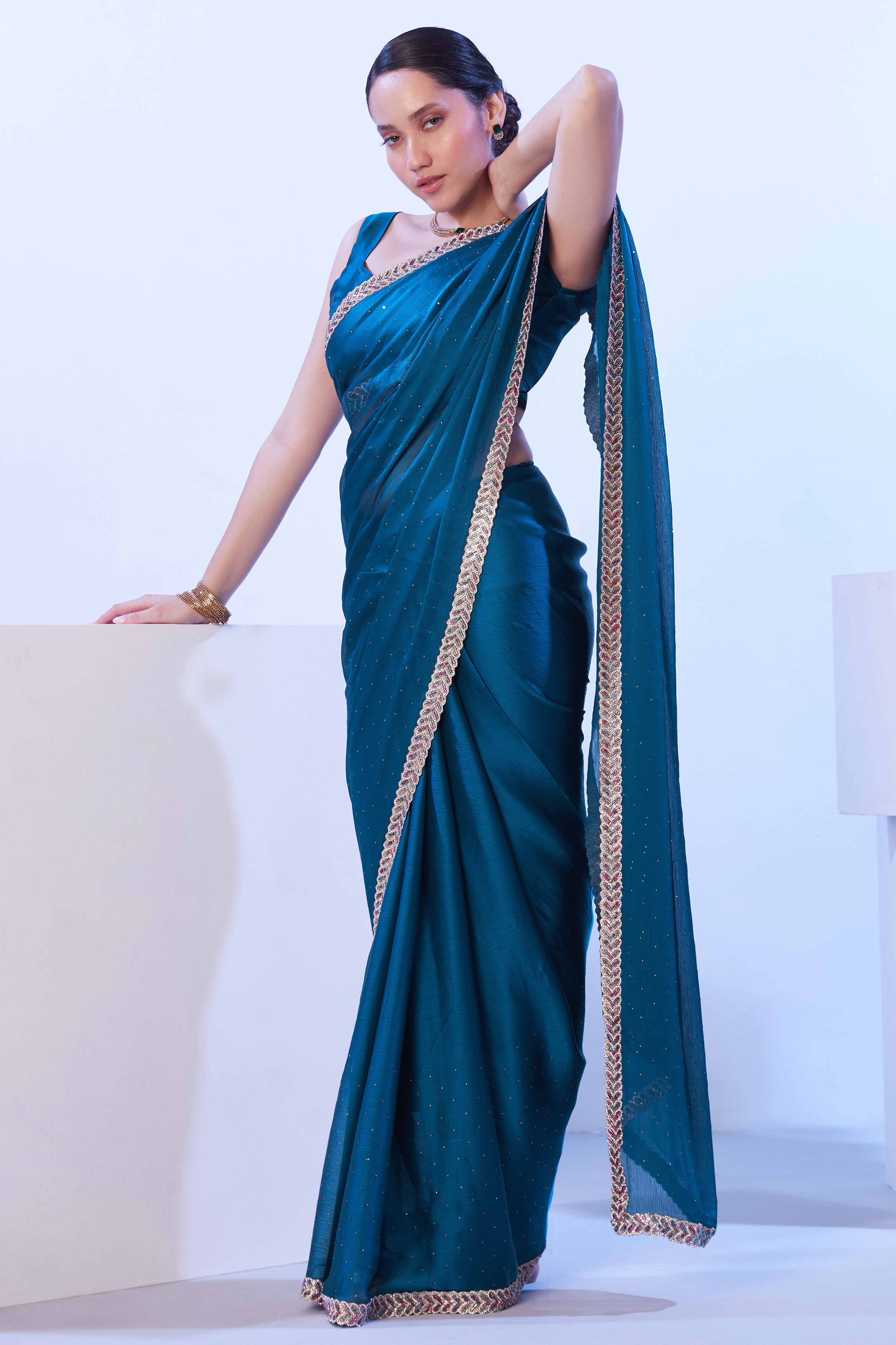Teal Satin Embroidered Solid Saree Adorned with Beads & Stones