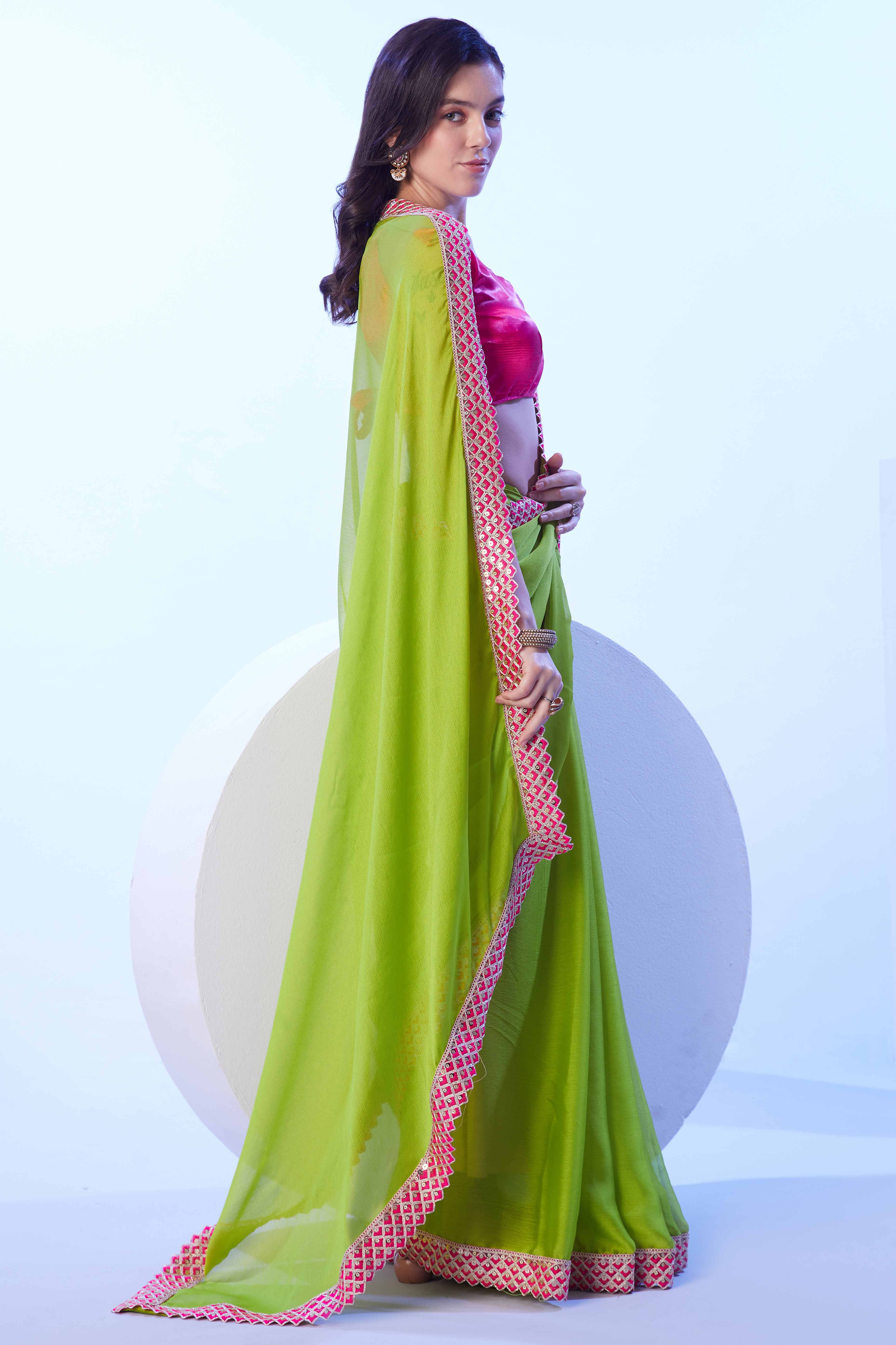 Green Chiffon Solid Saree with Mirror Embroidery On Border