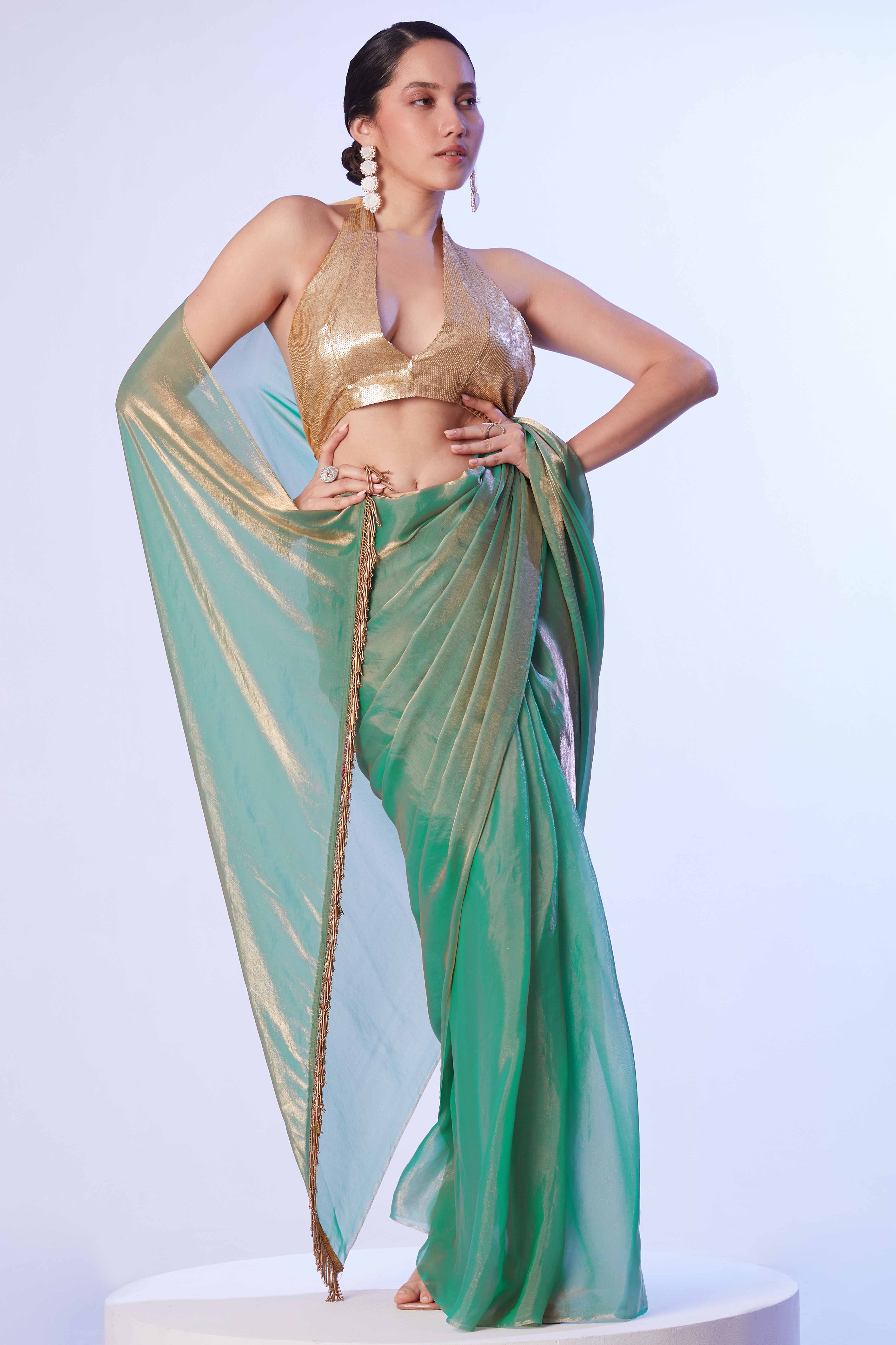 Green Satin Embroidered Solid Saree Adorned with Beads & Stones