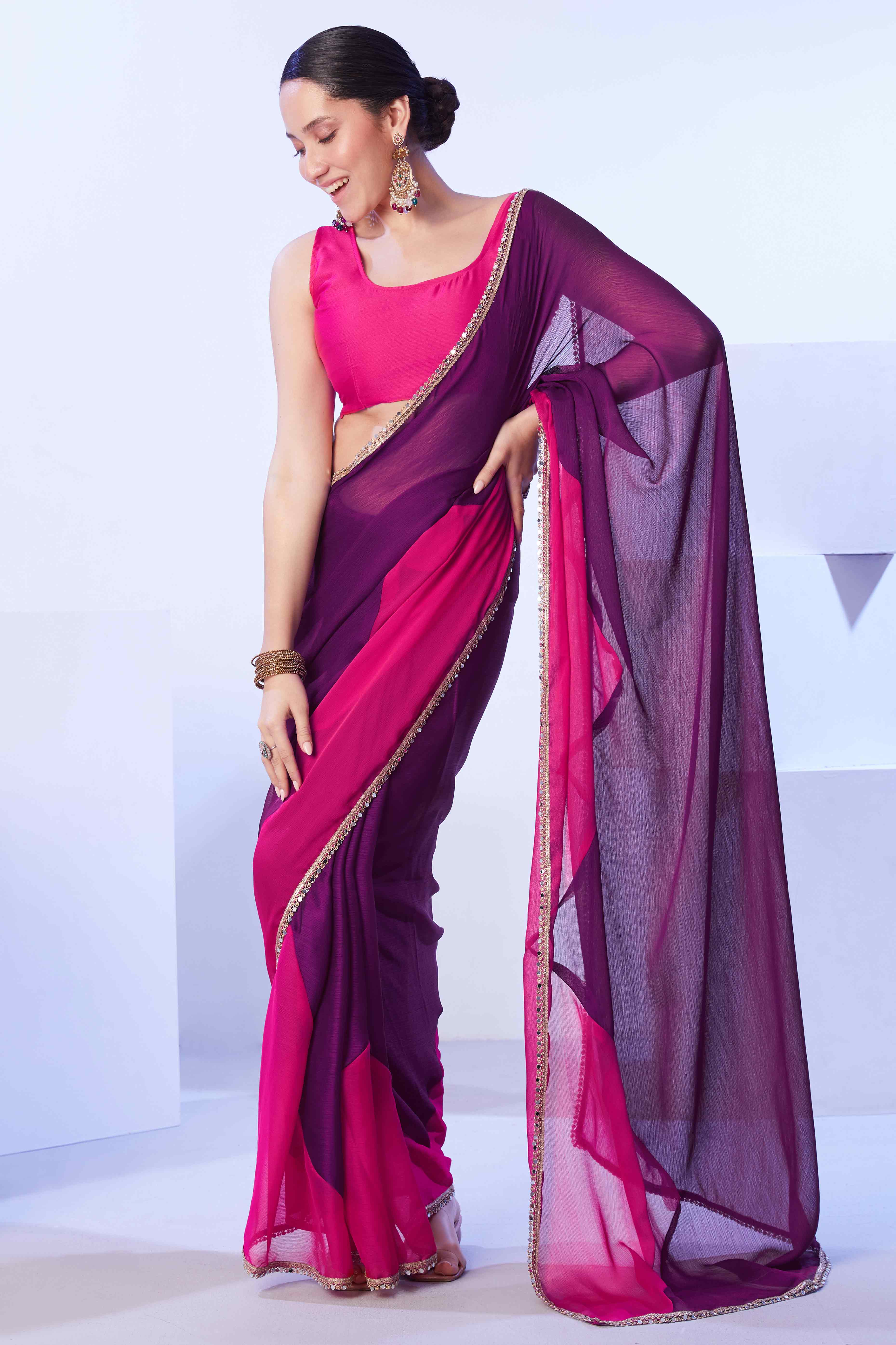 Purple & Pink Satin solid Saree Adorned with Ombre Pattern
